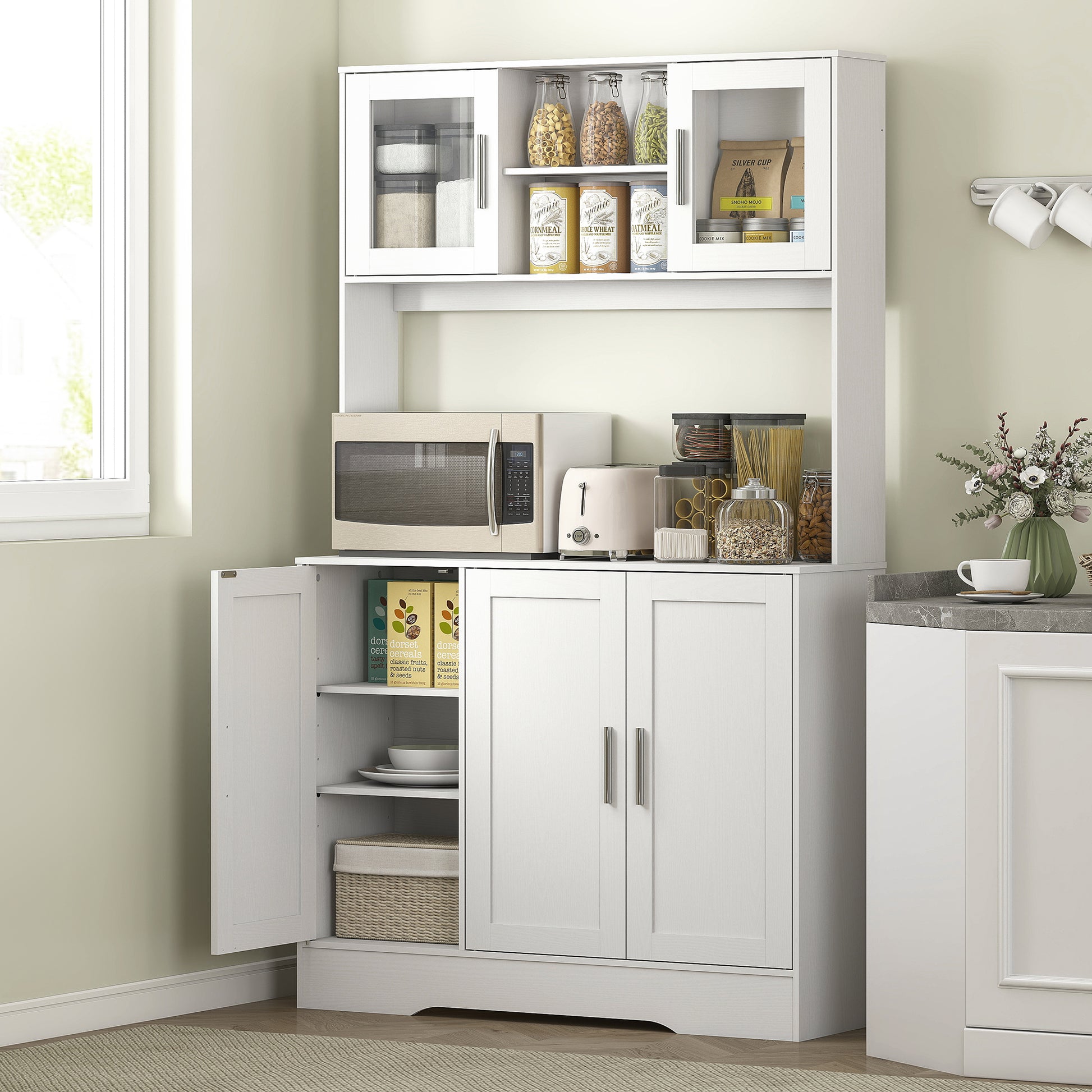 Küchenschrank, Skandinavisches Design, verstellbare Regale, Glastüren, offene Fläche, Spanplatte, MDF