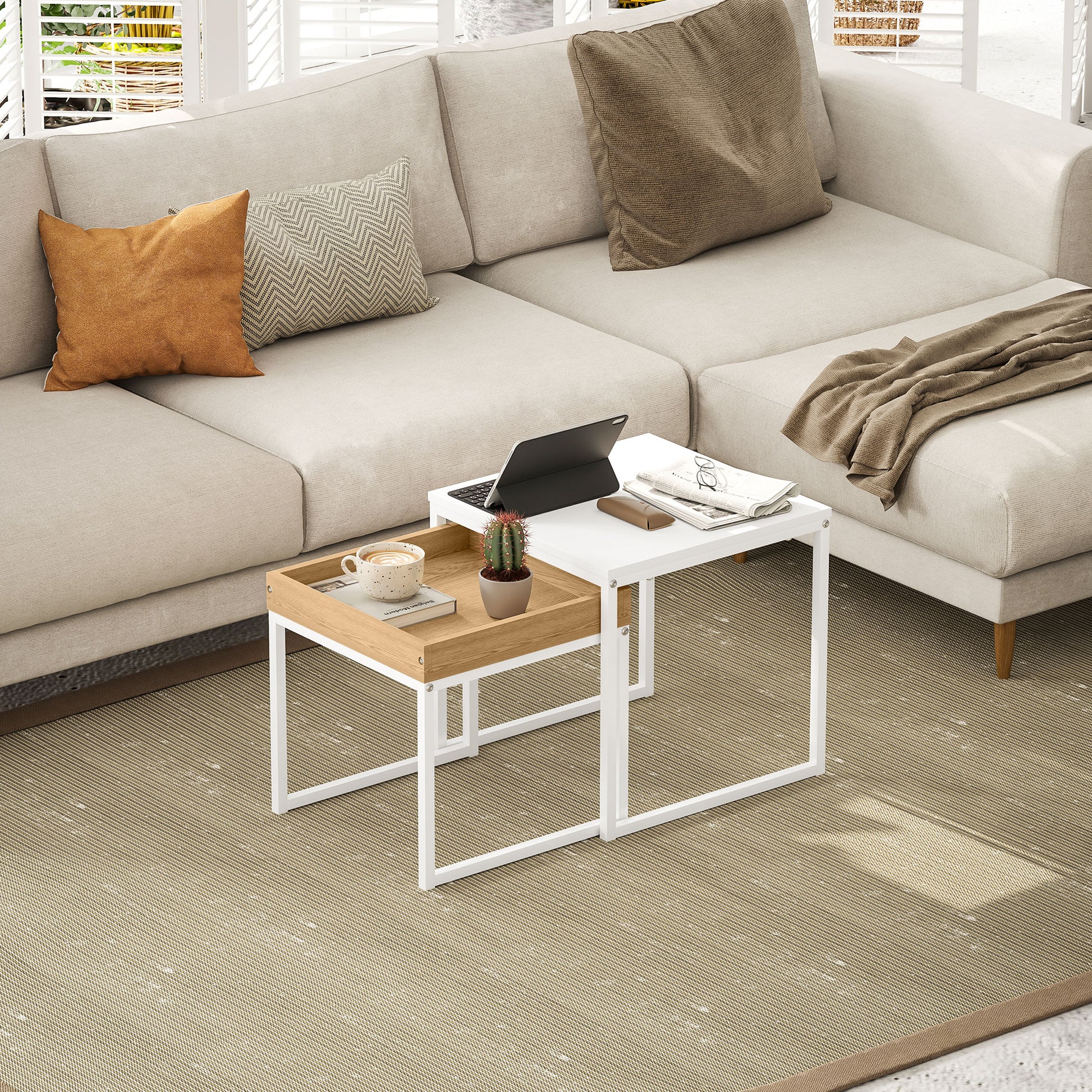 Moderner Couchtisch, 2er-Set Sofatisch, für kleine Räume, Quadratisch, MDF, Metall