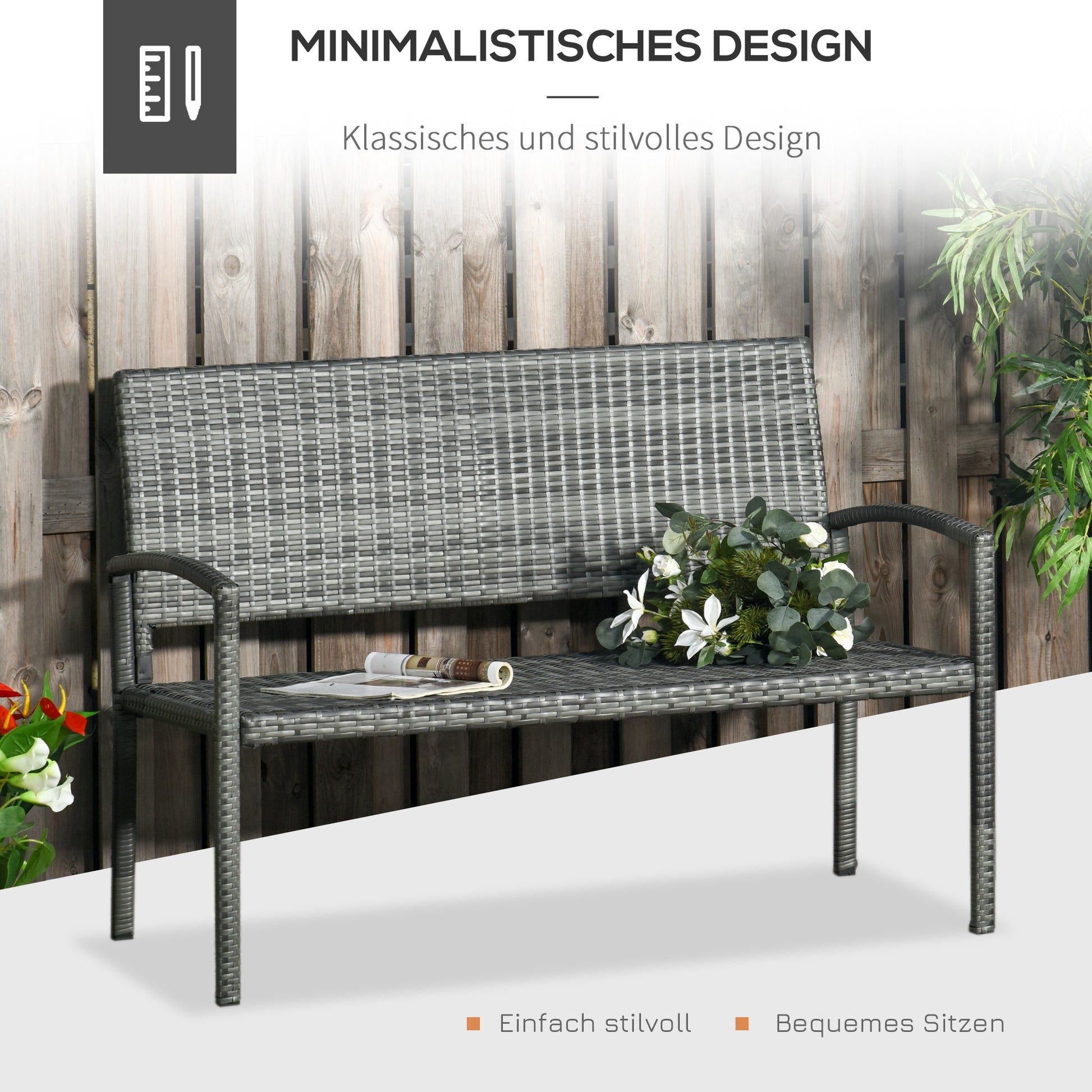 Gartenbank, in Rattanoptik, mit Stahlrahmen, für 2 Personen, Schwarz, 122 x 60 x 85cm
