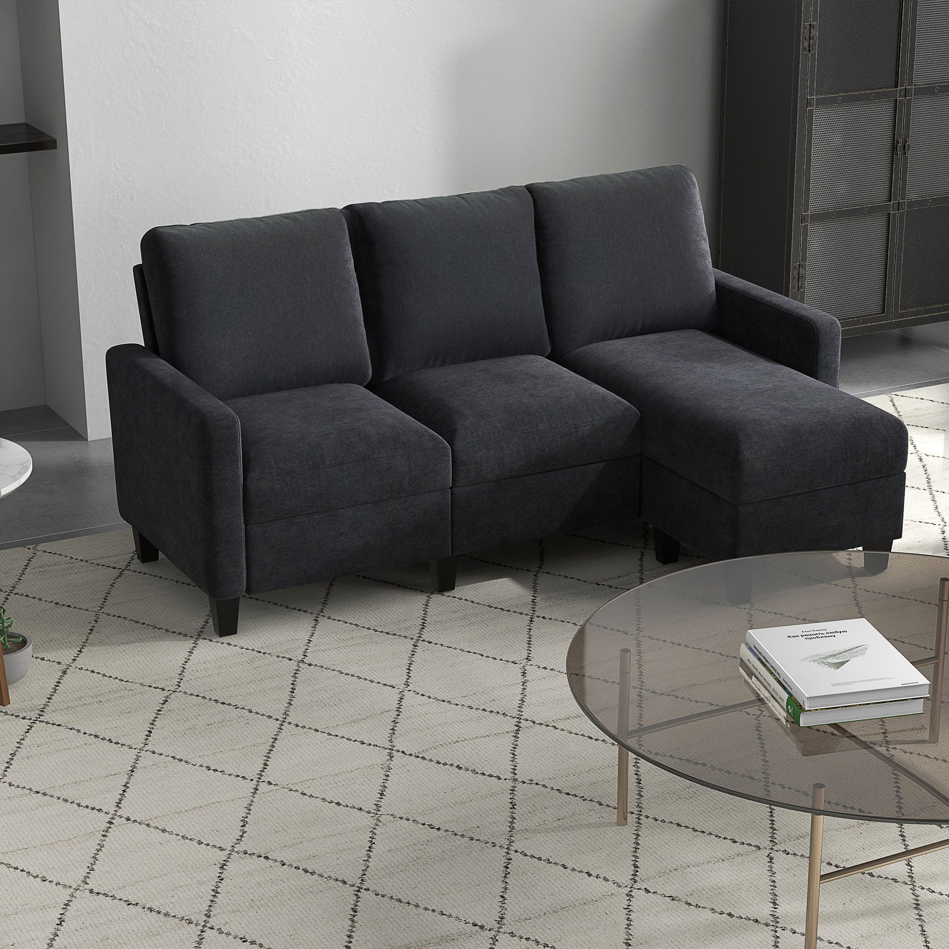 Ecksofa, Couchgarnitur, mit wendbarer Chaiselongue, 197 x 139 x 91cm, Dunkelgrau