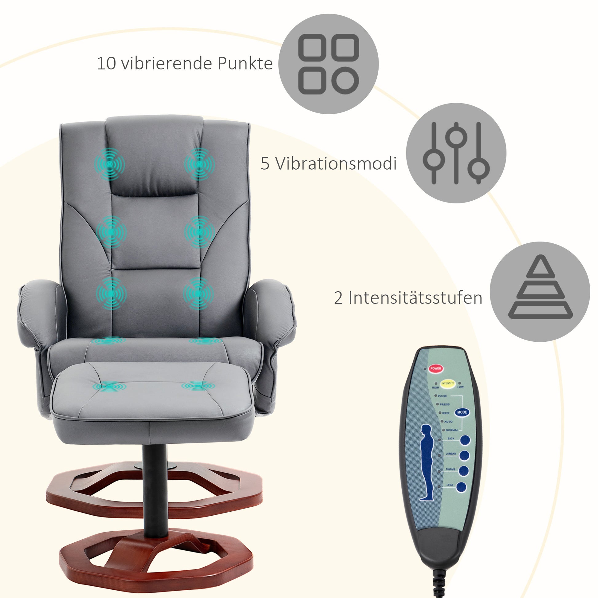 Massagesessel mit Hocker, Liegefunktion, Fernbedienung, drehbar, Lederoptik, bis 150 kg