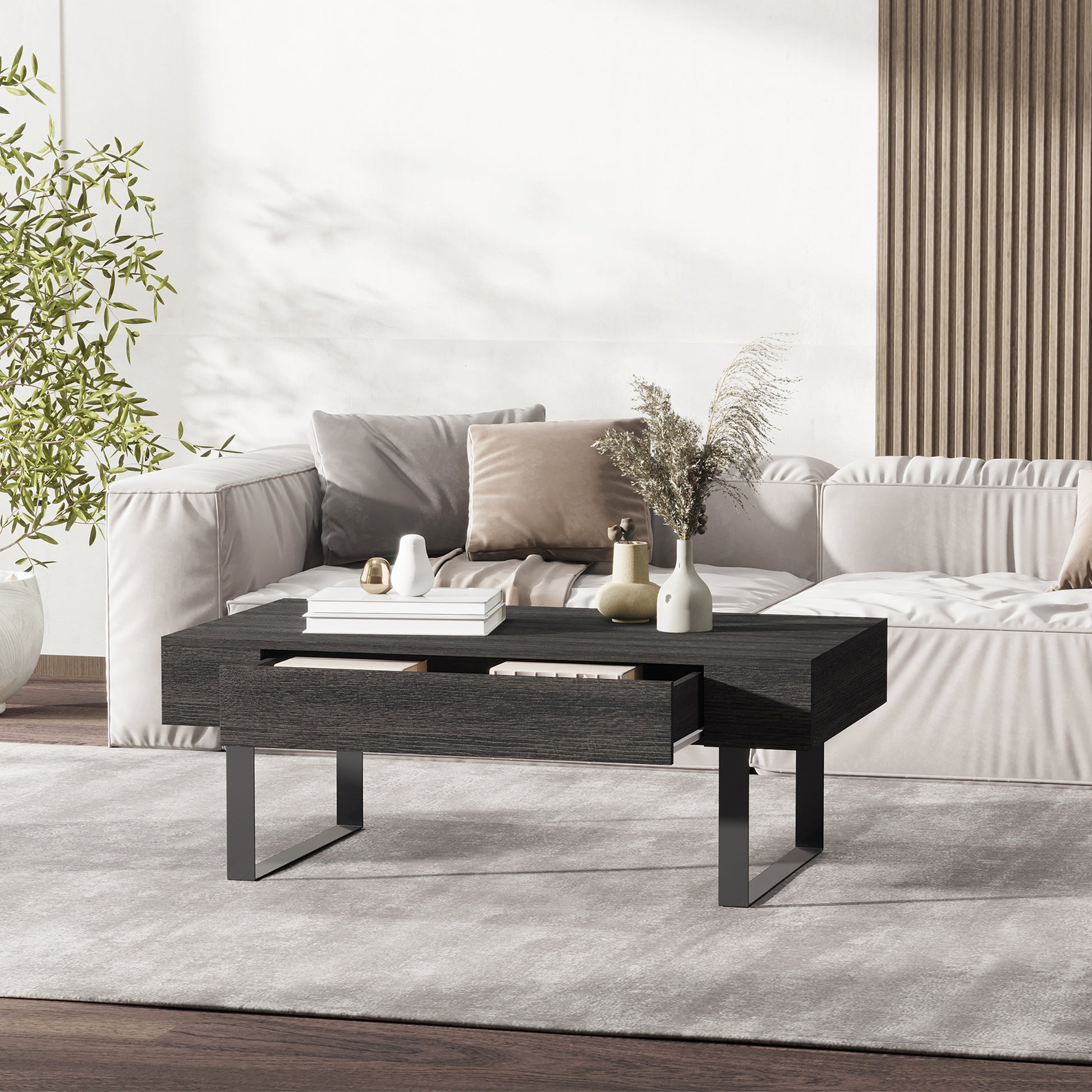 Couchtisch Wohnzimmertisch mit Schublade, Modern Sofatisch mit Metallrahmen, Beistelltisch, Kaffeetisch