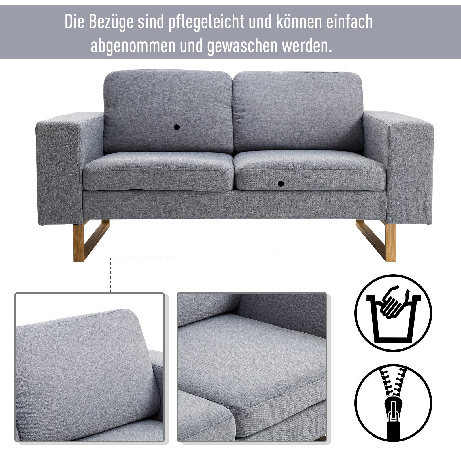 2-Sitzer Sofa  Ecksofa Polstersofa, Stoffsofa, Holz, Dunkelgrau/Hellgrau