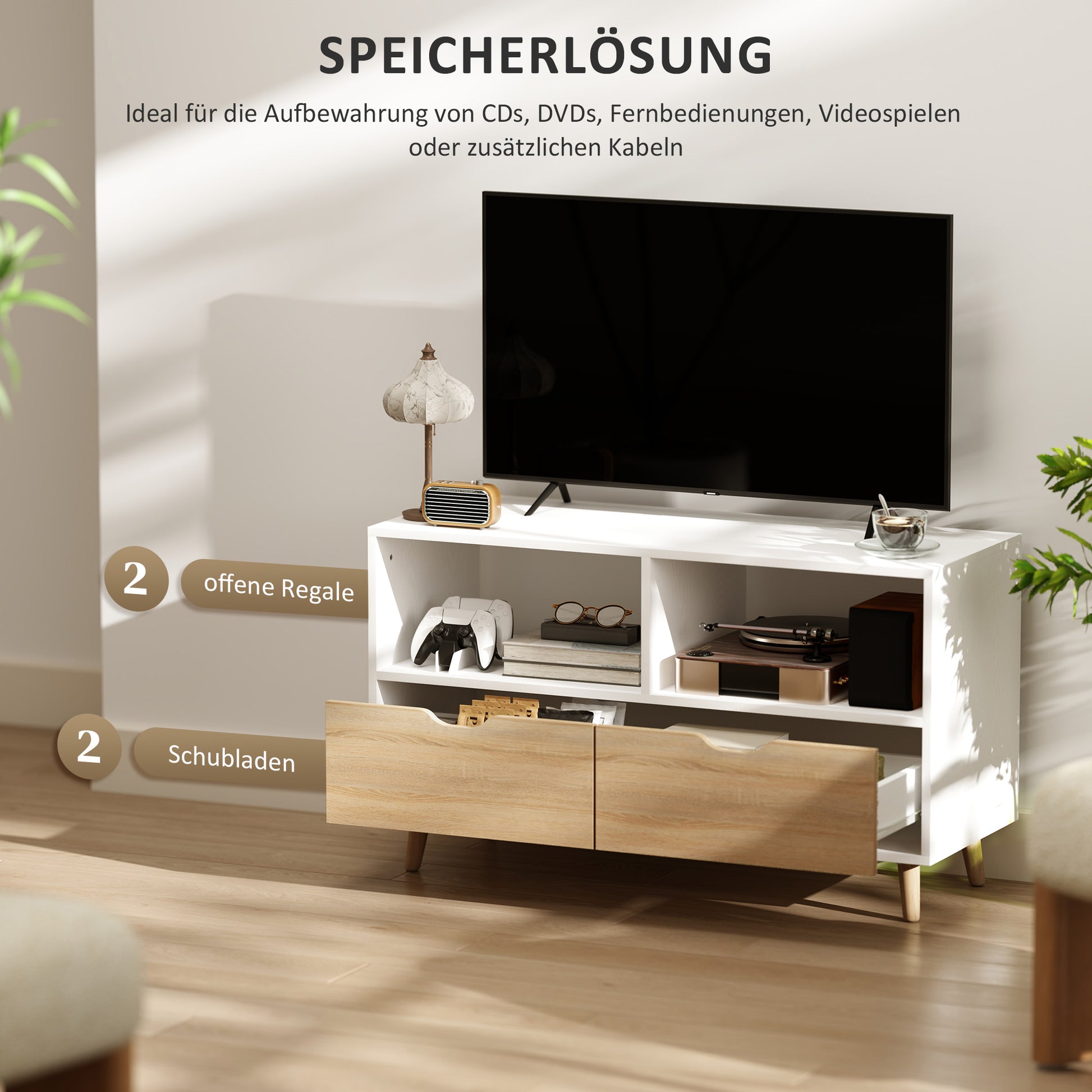 TV-Schrank, TV-Kommode mit Schubladen, Offene Regale, Holz, 99 x 39 x 58 cm