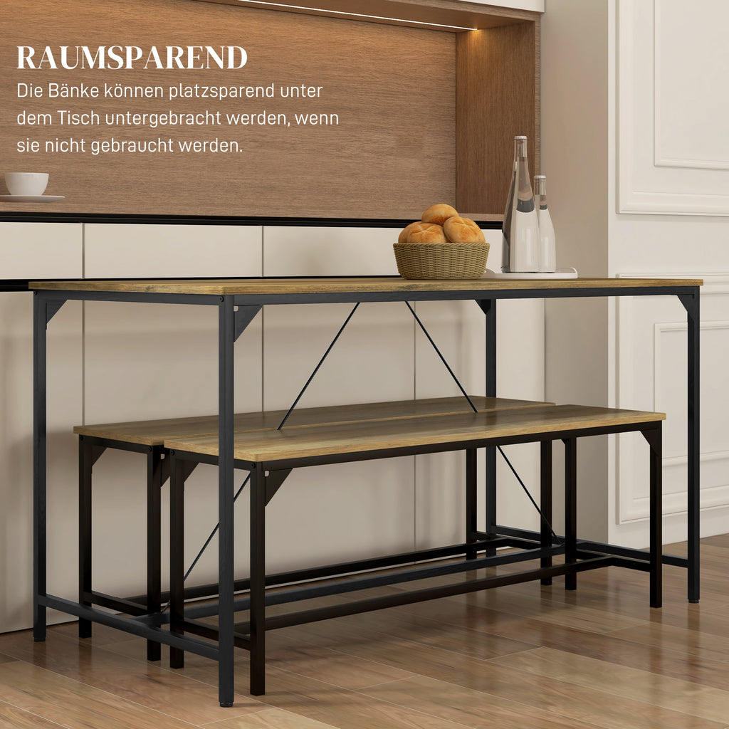 Essgarnitur, Tisch & 2 Bänke, Industrial Design, Stahlrahmen, Holzdekor/Schwarz