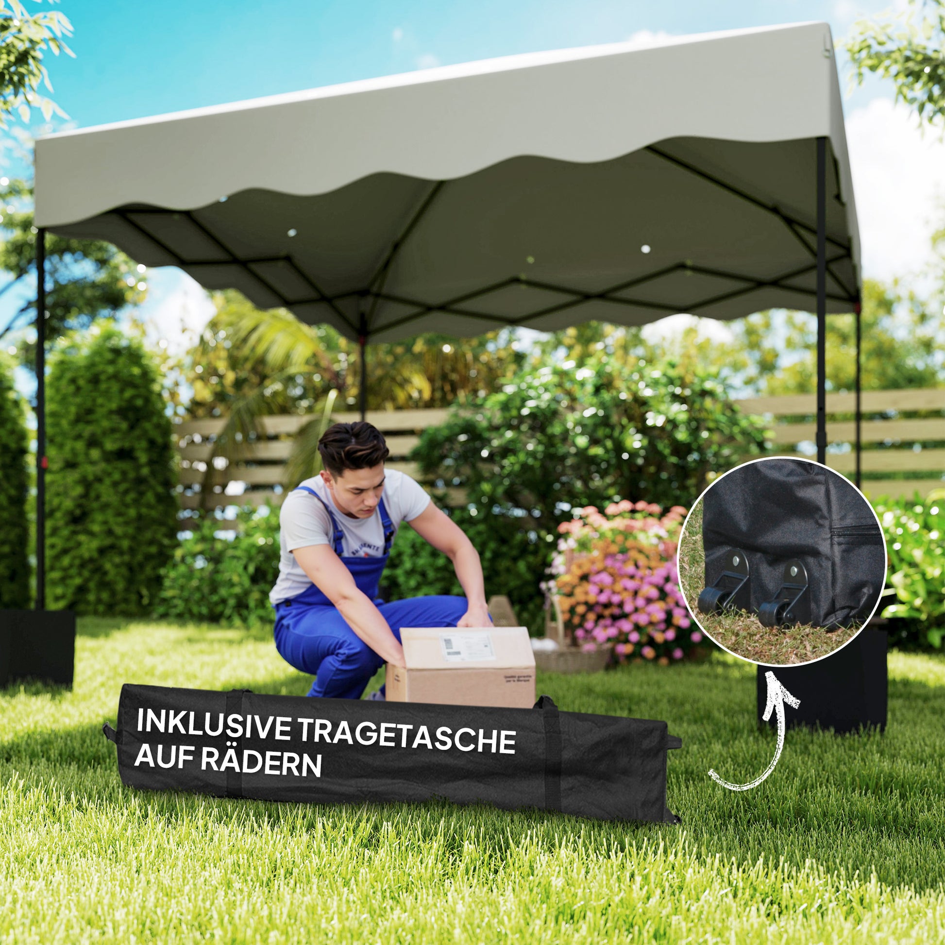 Pop-up-Pavillon 3 x 3m, Höhenverstellbares Gartenzelt, mit Rolltasche, Terrasse, Metall, Stoff