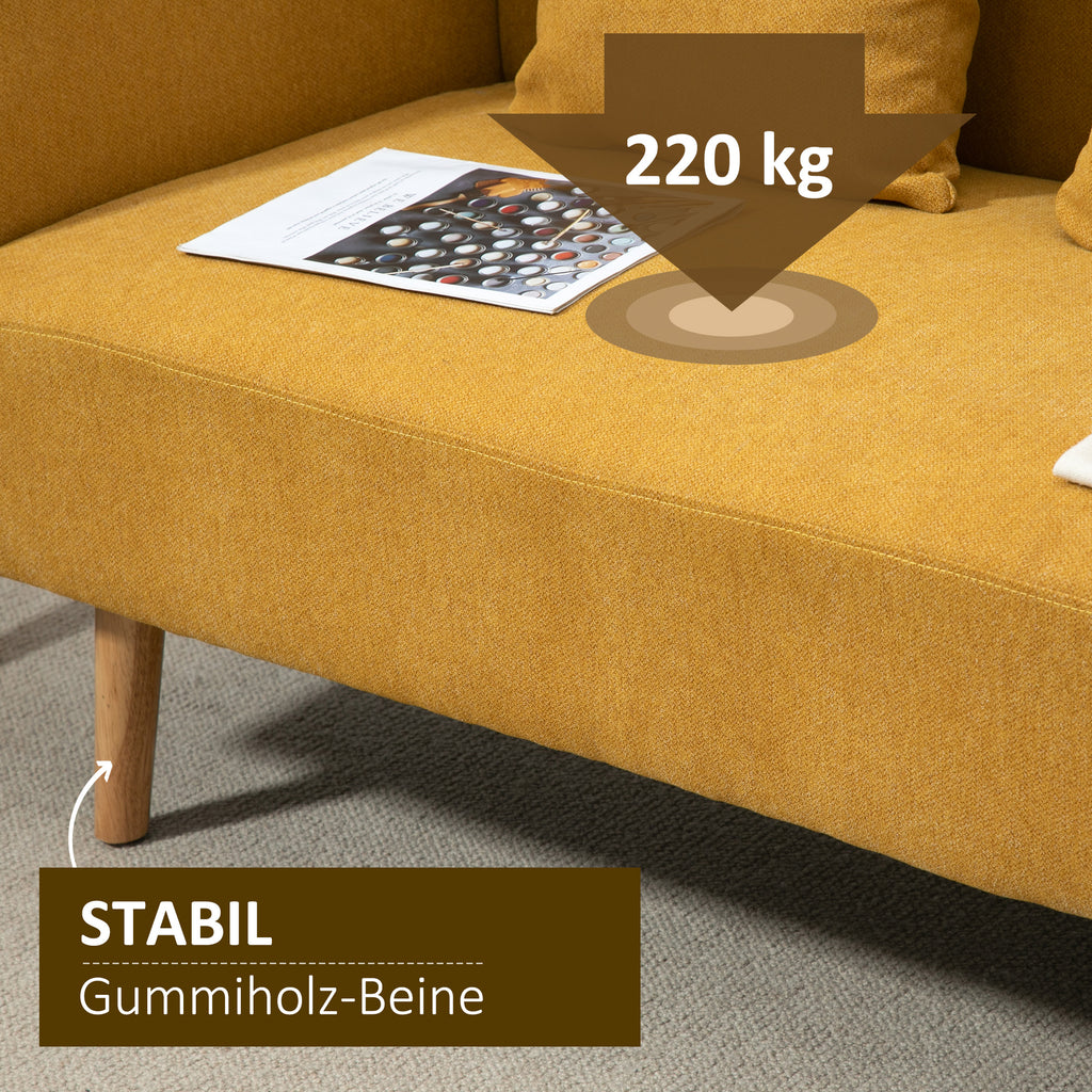 2 Sitzer Sofa mit 2 Wurfkissen, gepolsterter Doppelsofa, Polstersofa mit Samtopik, Armlehne, 130 x 70 x 80 cm, Gelb
