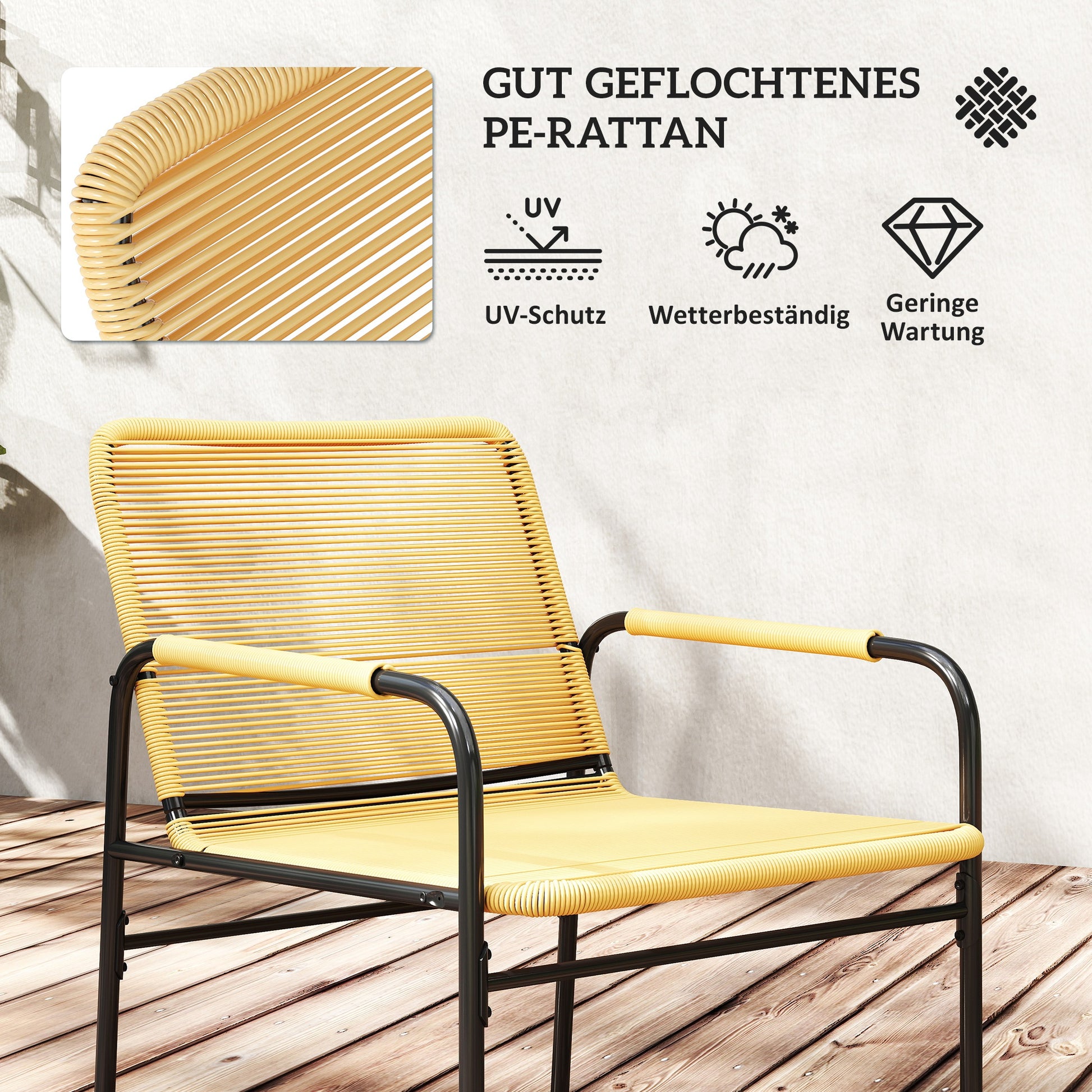 3-tlg. Rattan Bistroset, Sitzgruppe, Gartengarnitur mit 2 Gartensesseln, Couchtisch 54 x 66 x 76 cm