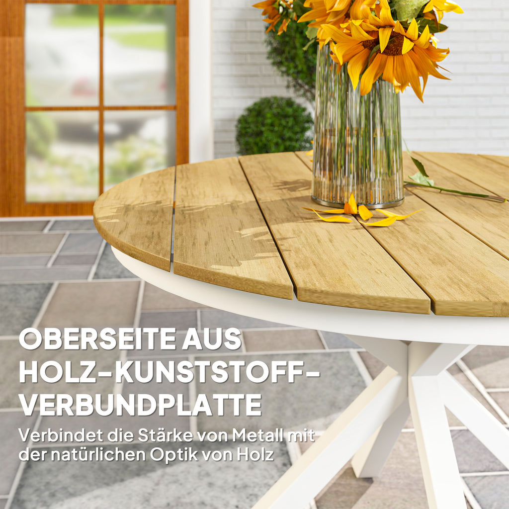 Gartentisch Ø118cm aus Aluminium, Wetterfest, Beistelltisch mit Kreuzbeine Lattendesign Teak