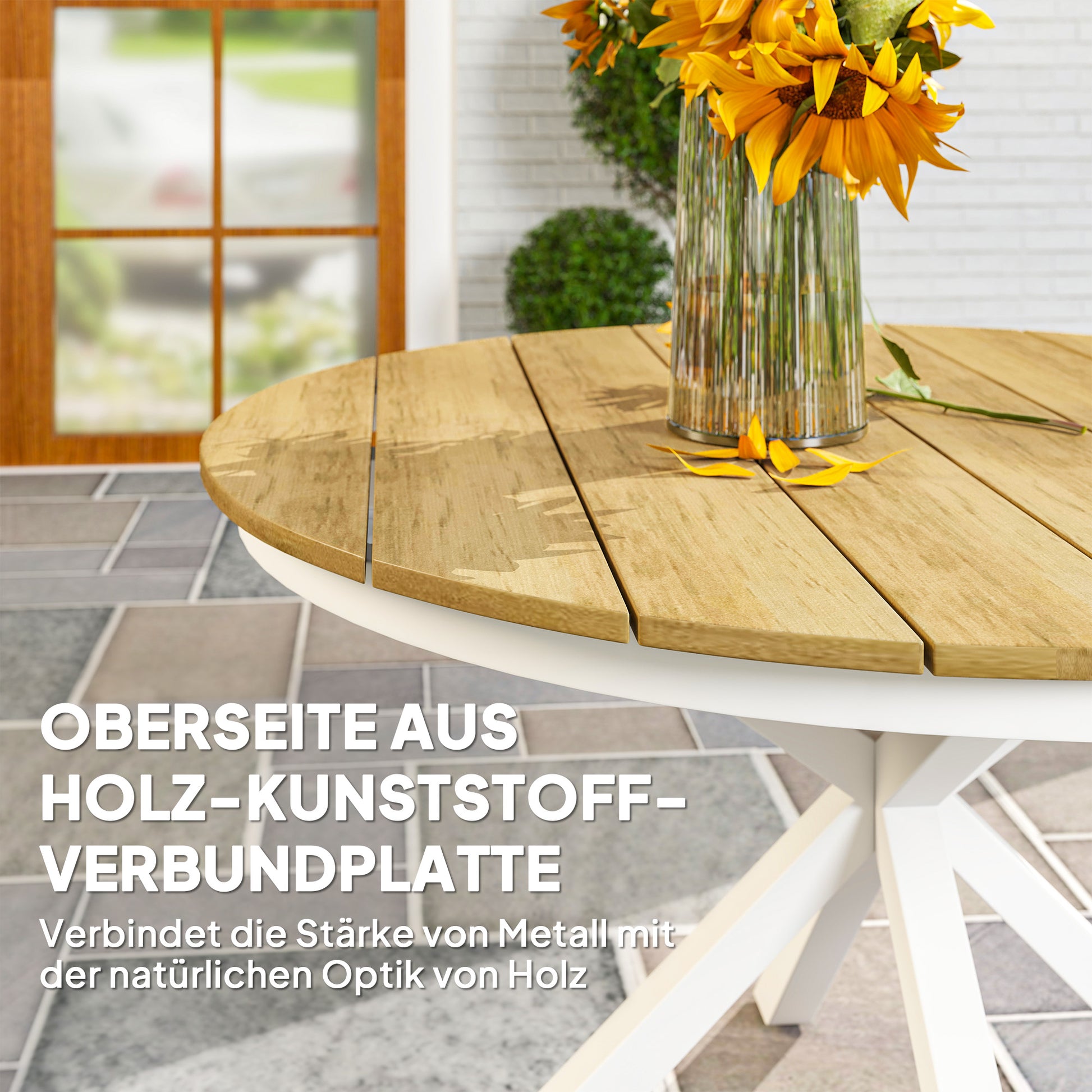 Gartentisch Ø118cm aus Aluminium, Wetterfest, Beistelltisch mit Kreuzbeine Lattendesign Teak