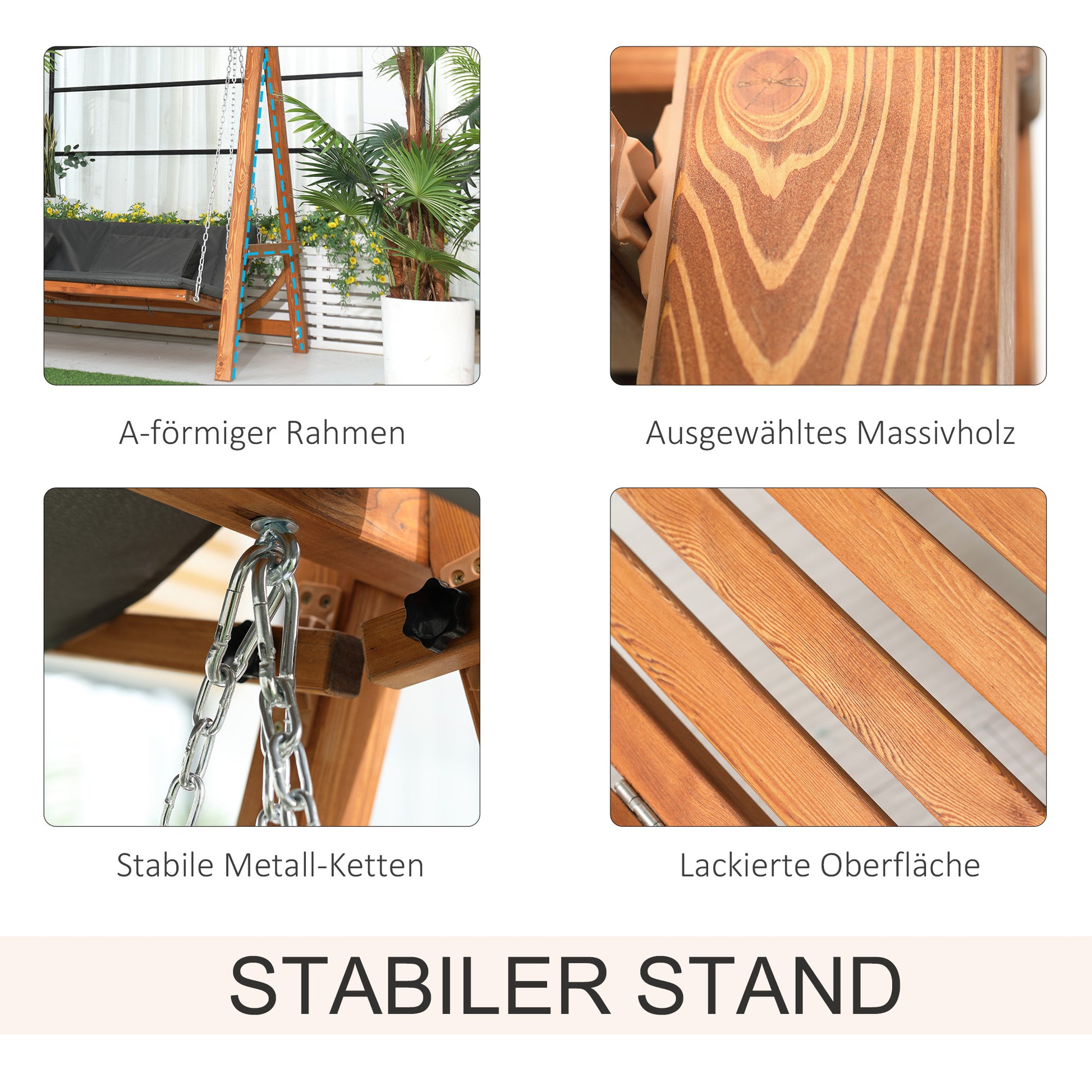 3-Sitzer Gartenschaukel mit verstellbarem Sonnendach Schaukelbank belast 250kg Grau+Teak