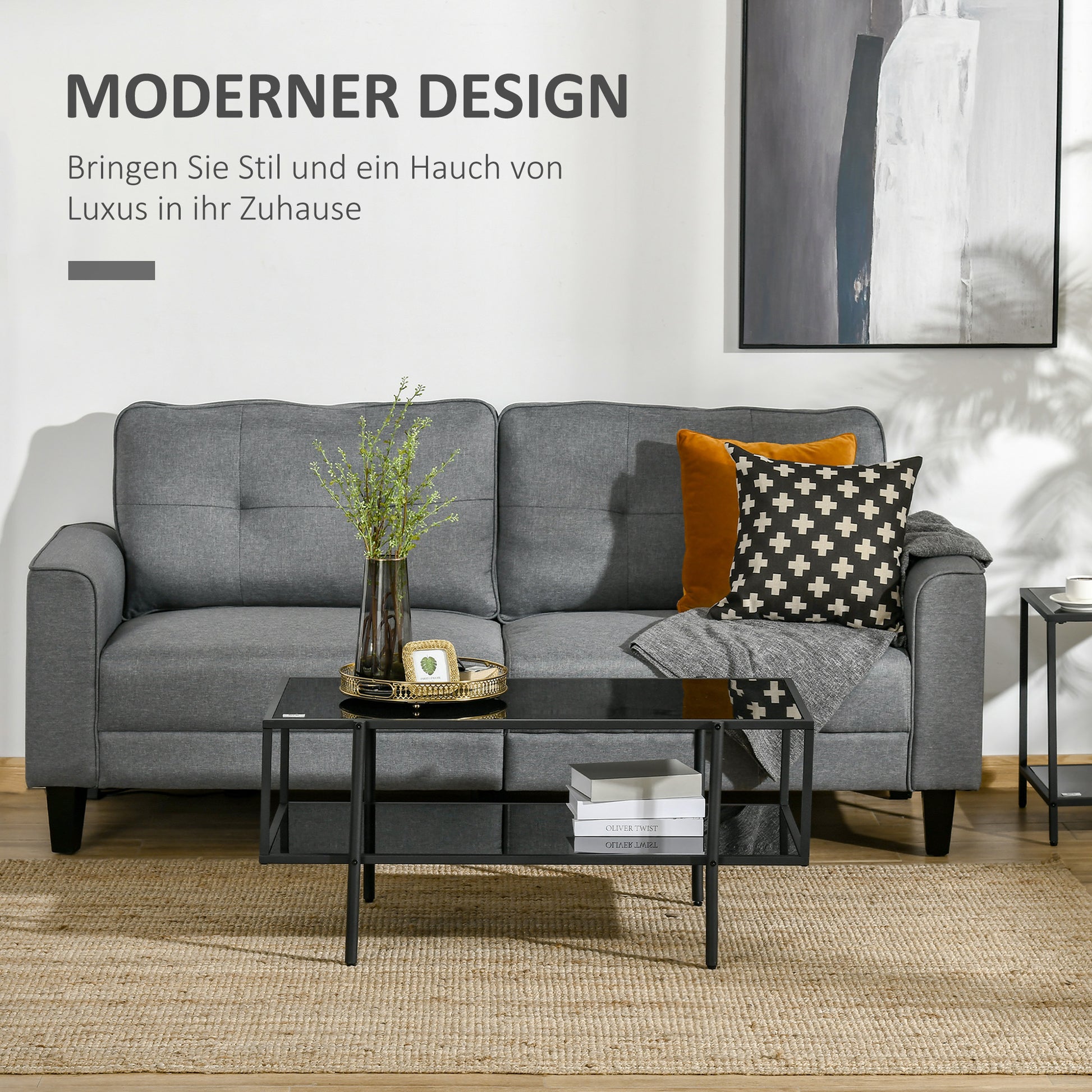 Couchtisch mit Ablage, verstellbare Füße, Stahlrahmen, Glasplatte, 100 x 55 x 45,5 cm