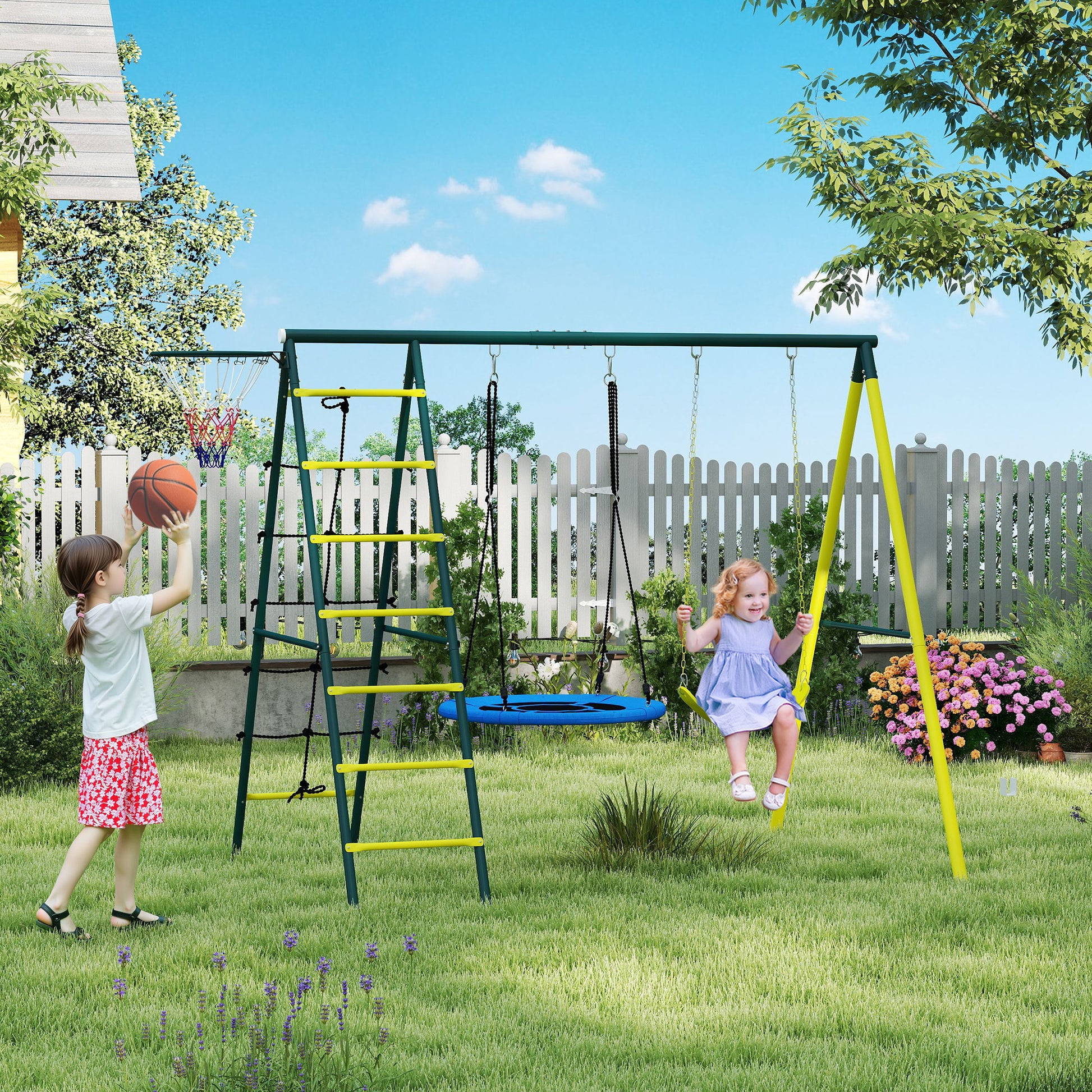 Kinderschaukel-Gerüst mit 2 Schaukeln, Basketballkorb, Kletterleiter, 267x180x202 cm