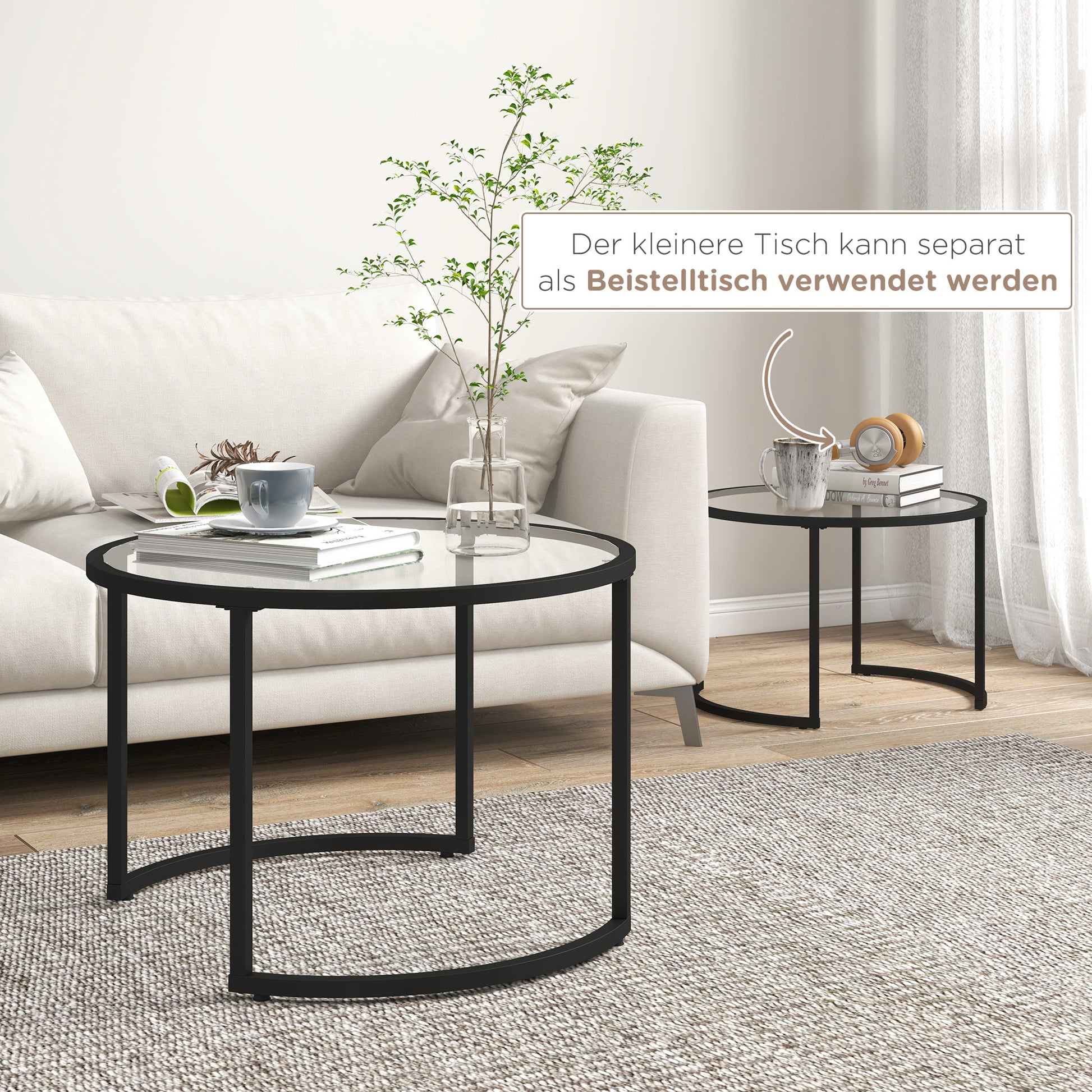 2er-Set Beistelltische Couchtische Industrie-Design, Glastische, stapelbar, Schwarz/Transparent