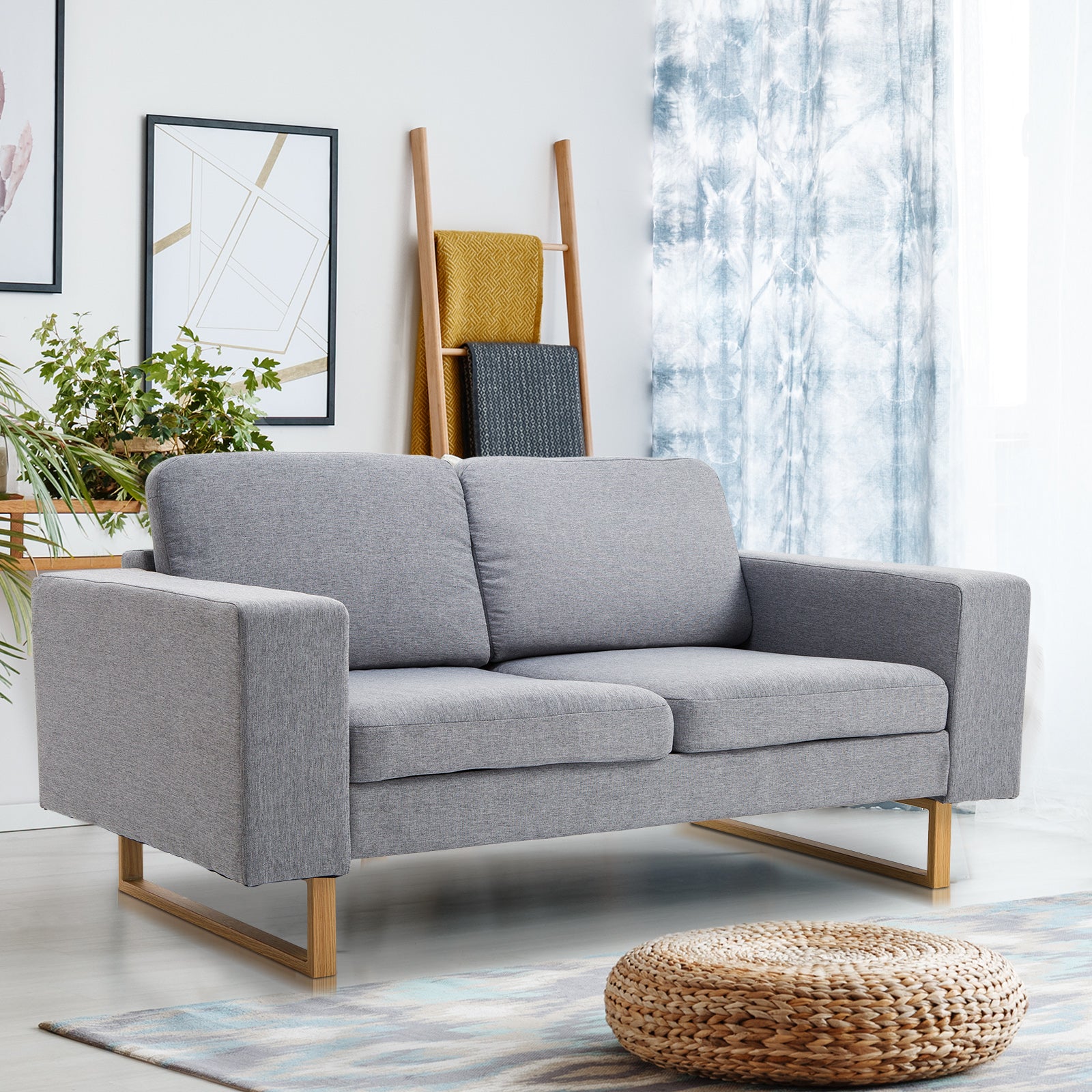 2-Sitzer Sofa  Ecksofa Polstersofa, Stoffsofa, Holz, Dunkelgrau/Hellgrau