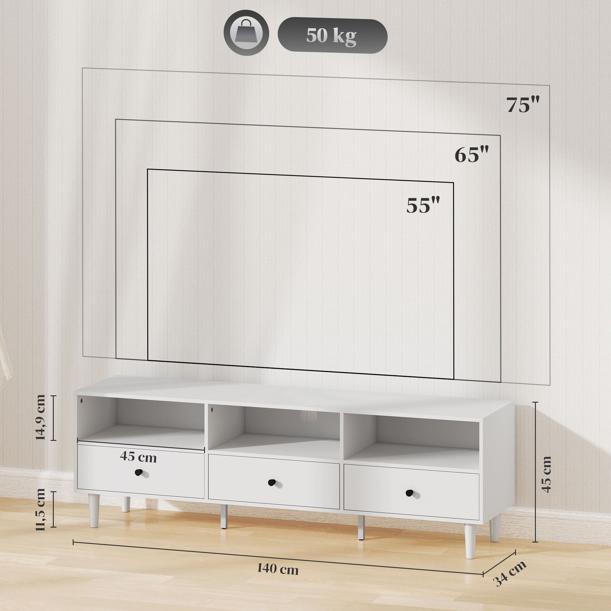 TV-Kommode, TV-Ständer für 75-Zoll-Bildschirme, 3 offene Fächer, 3 Schubladen, Spanplatte