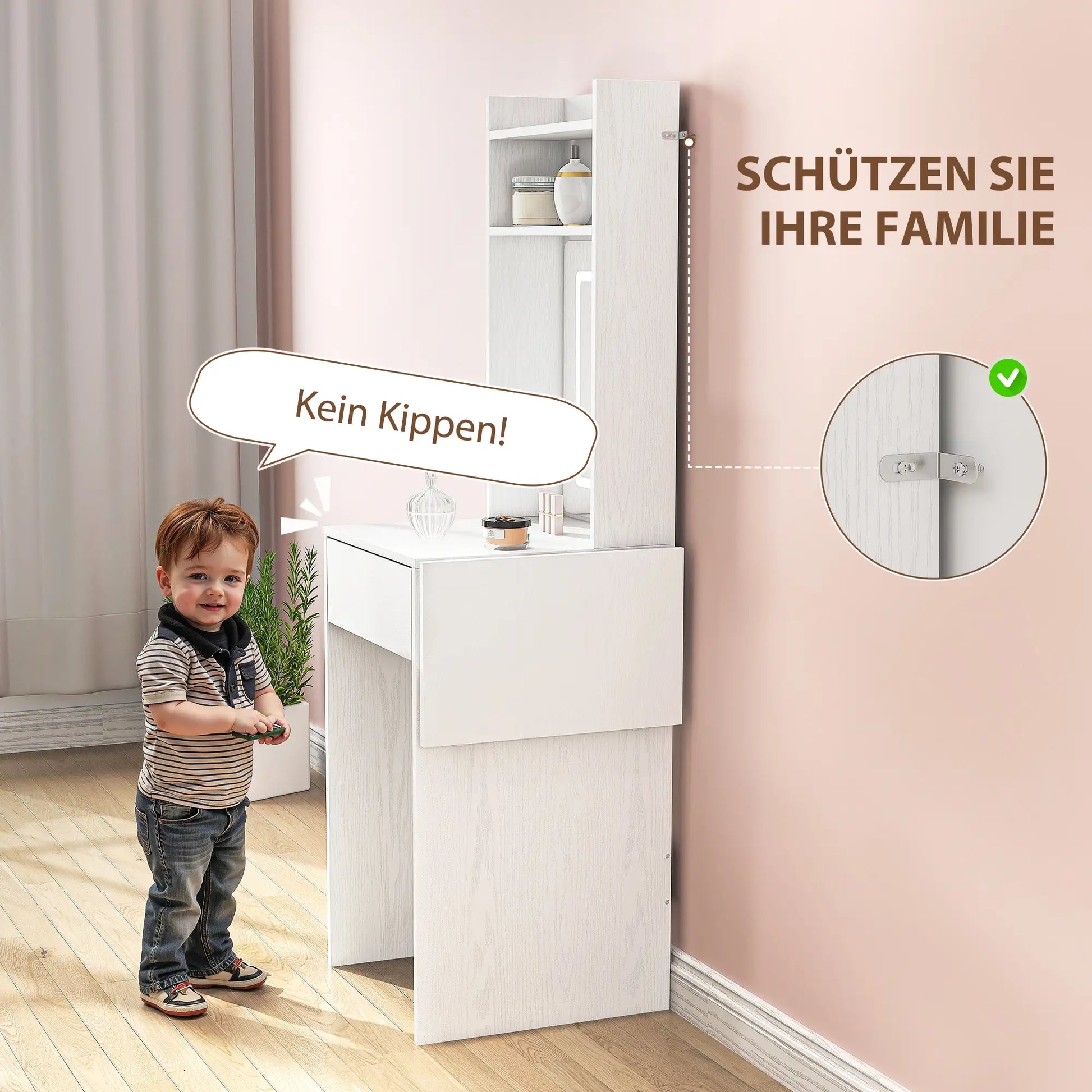 Kompakter Schminktisch mit Spiegel und LED, klappbare Tischplatte, offenere Regale, Schublade