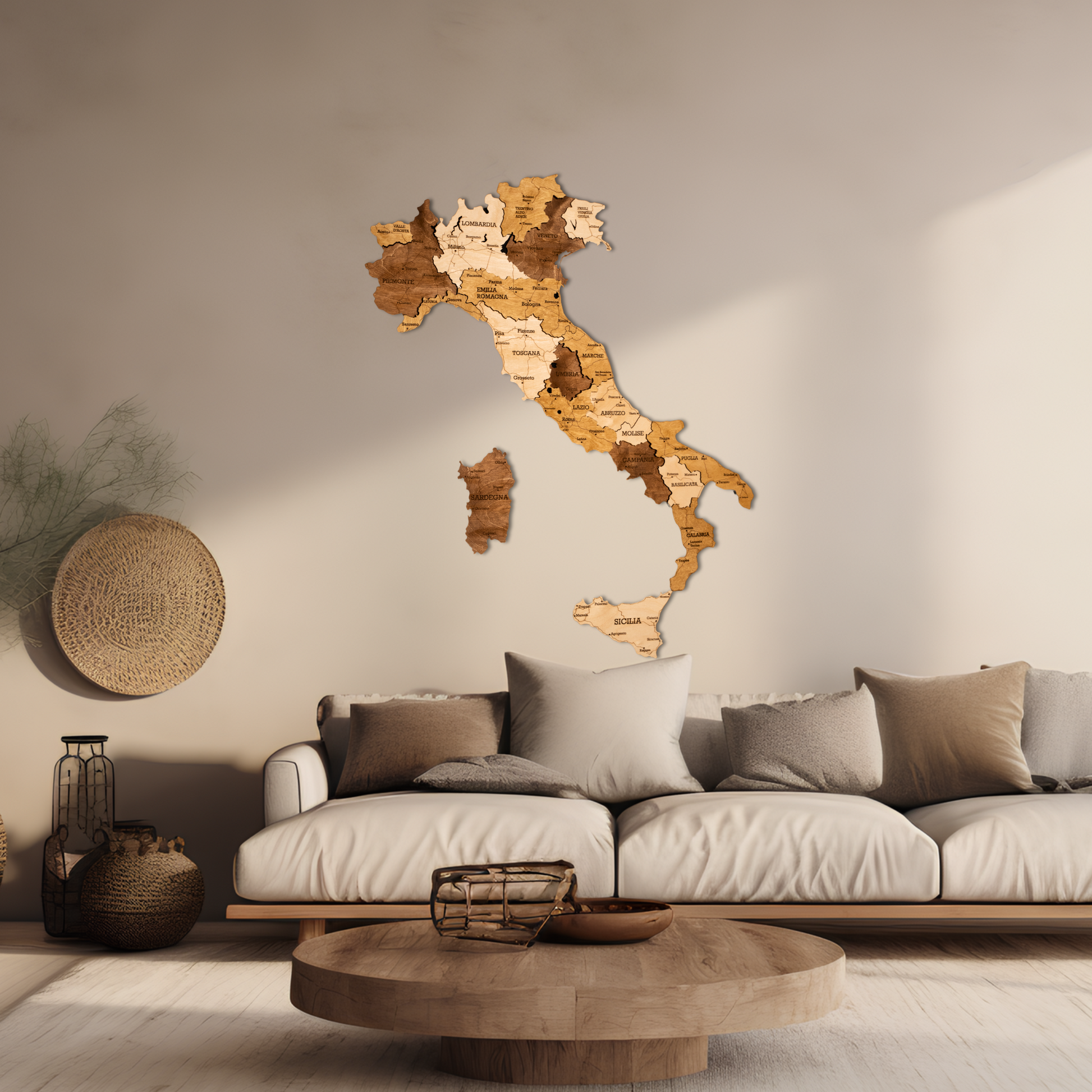 3D Holzkarte Italien – Handgefertigte Wanddeko mit Toskana & Sizilien