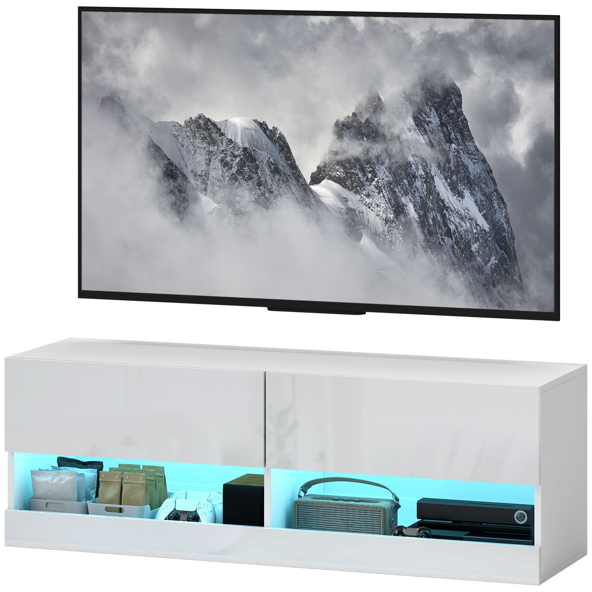 TV-Hängeschrank mit LED-Beleuchtung, 16 Blinkmodi, Wandmontierter TV-Schrank, Offene Regale