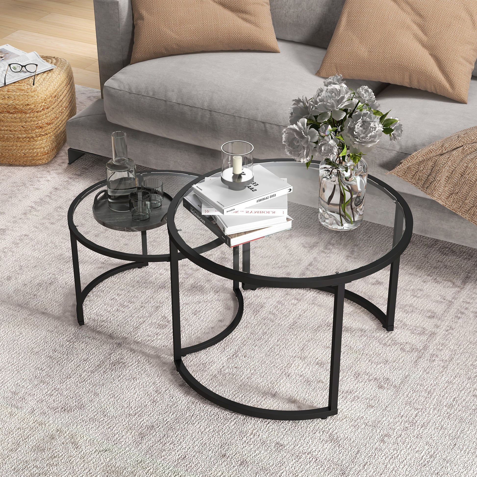 2er-Set Beistelltische Couchtische Industrie-Design, Glastische, stapelbar, Schwarz/Transparent