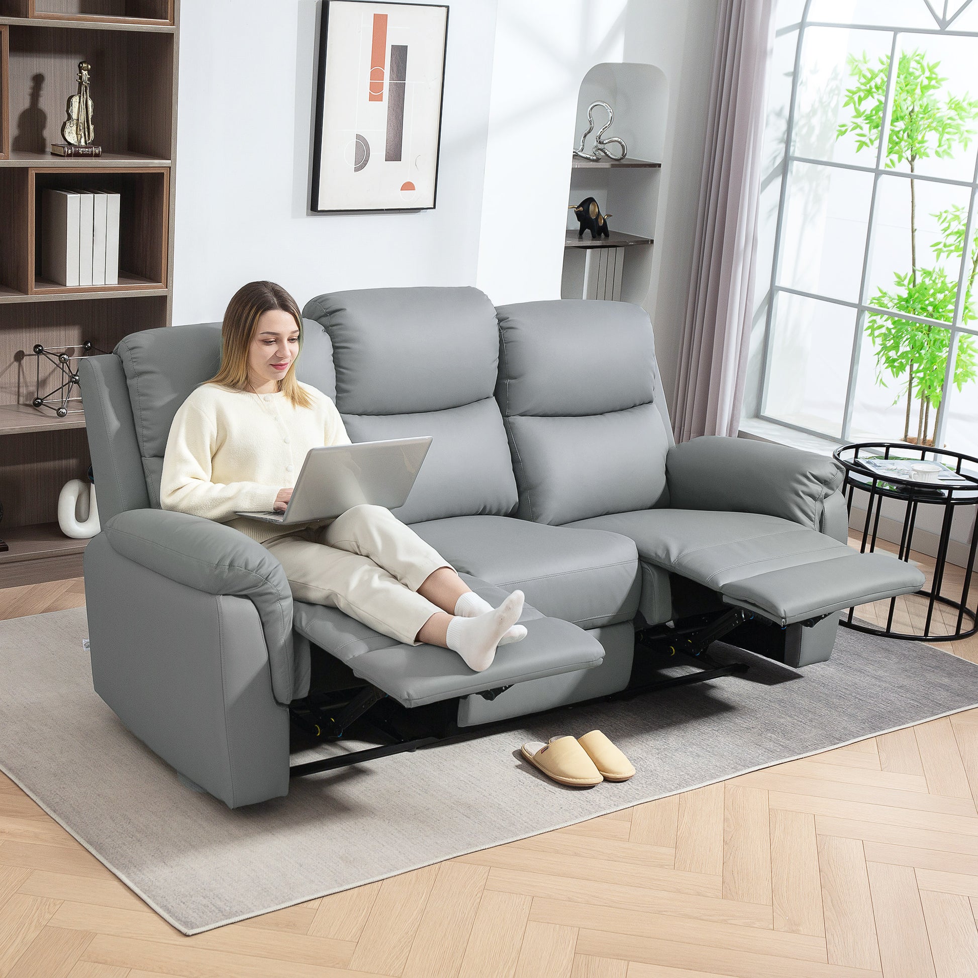 3-Sitzer-Sofa, linker und rechter Sitz zurücklehnbar, anpassbare Fußstütze, Kunstlederbezug, Dunkelgrau