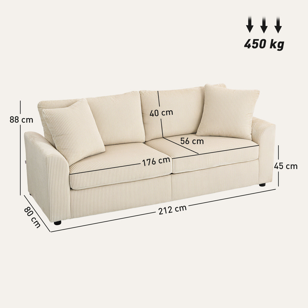 3-Sitzer-Sofa mit Zierkissen, Cordsofa für Wohnzimmer, 212 cm breit, Cremeweiß