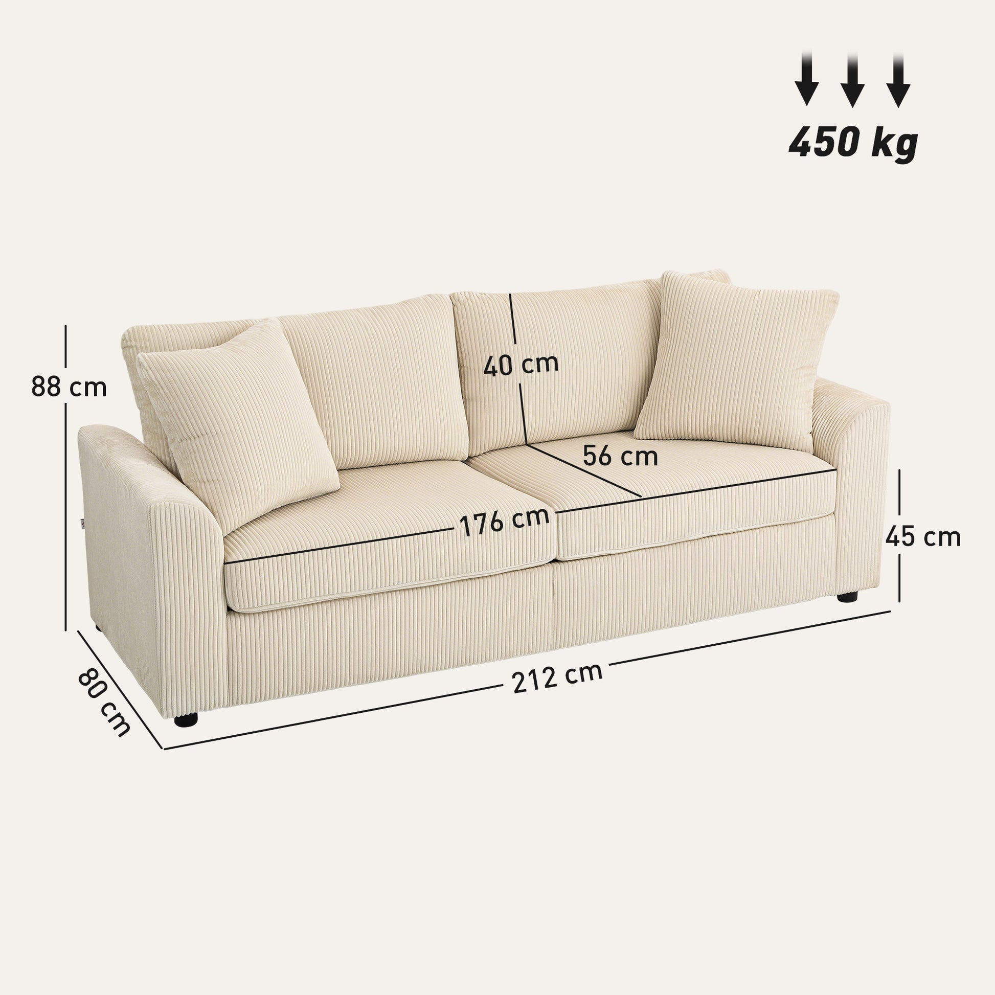 3-Sitzer-Sofa mit Zierkissen, Cordsofa für Wohnzimmer, 212 cm breit, Cremeweiß