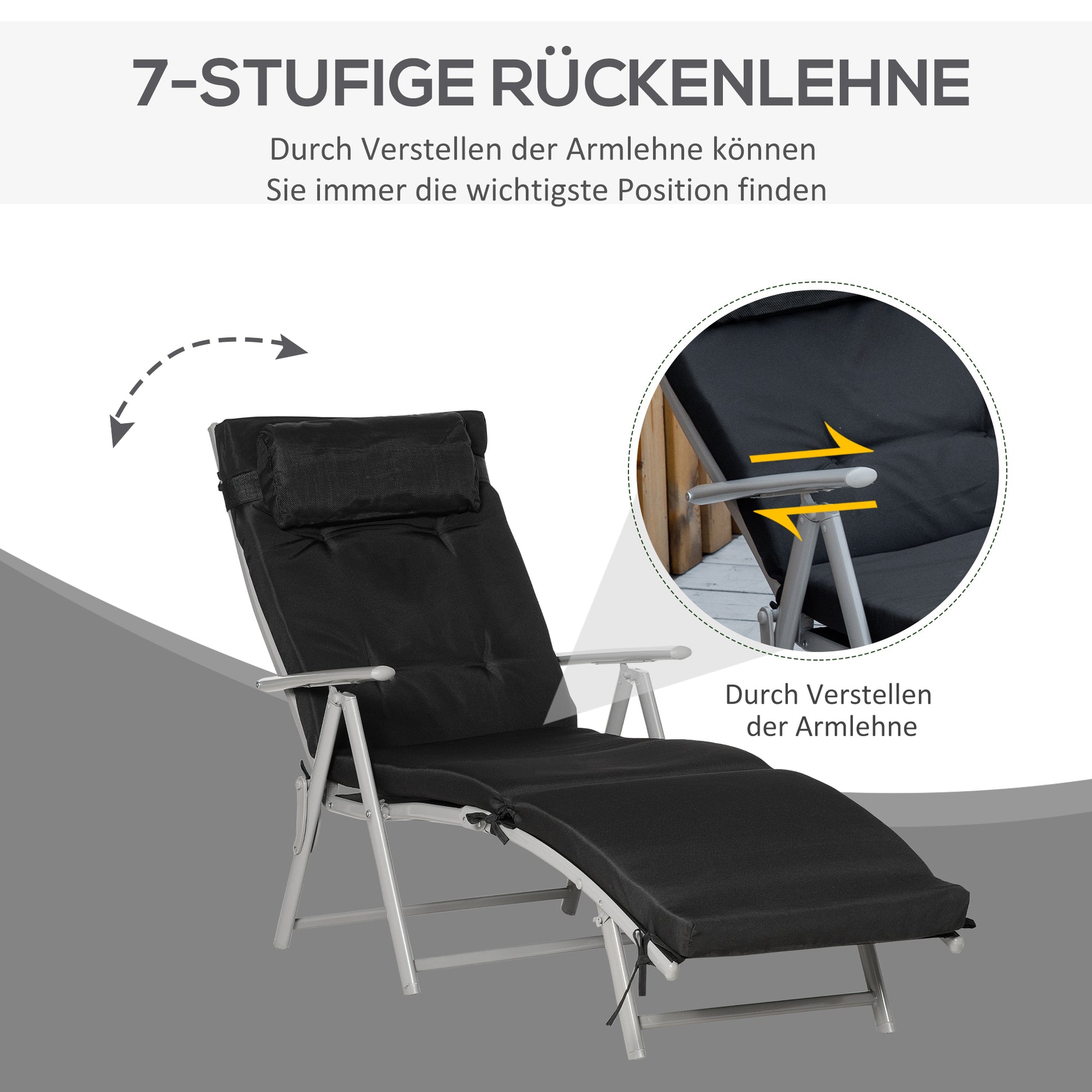 Sonnenliege klappbar mit Kopfkissen Sitzkissen, verstellbare Rückenlehne bis 165 kg