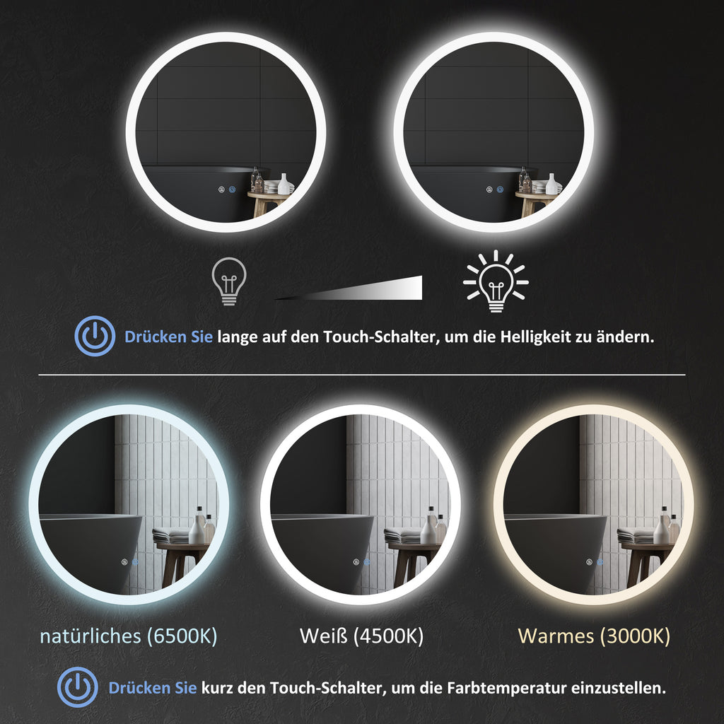 LED Badspiegel, einstellbare Helligkeit, Entnebelung, Touch, Metall/Glas, Ø60 cm, Weiß/Silber