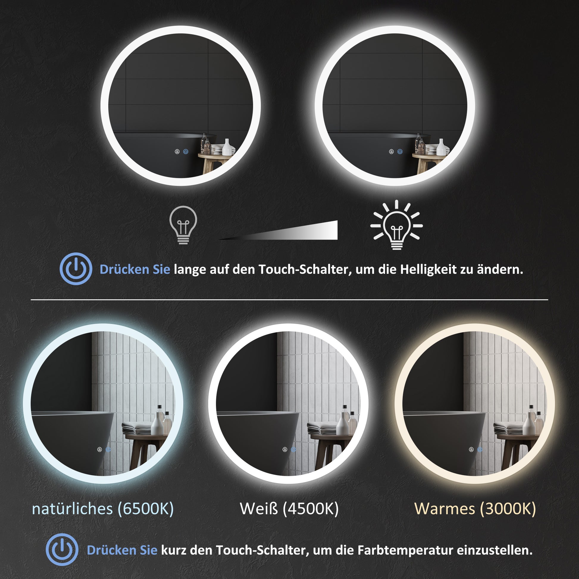LED Badspiegel, einstellbare Helligkeit, Entnebelung, Touch, Metall/Glas, Ø60 cm, Weiß/Silber