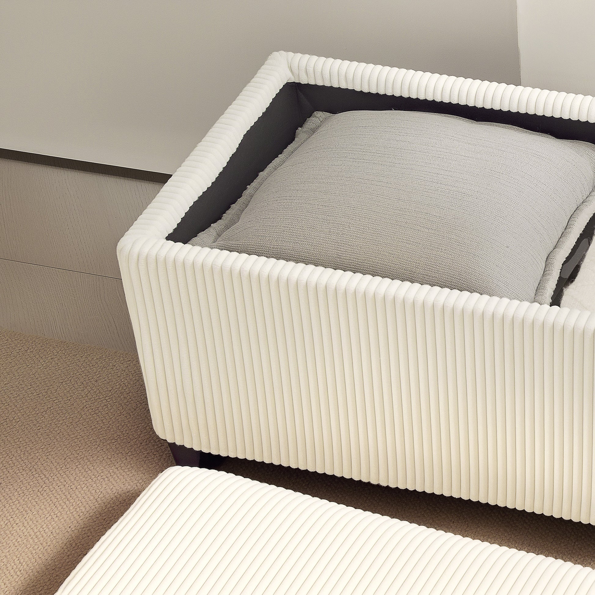 Sitzbank mit Stauraum, Aufbewahrungsbank, Cord-Design, Stahlrahmen, Beige