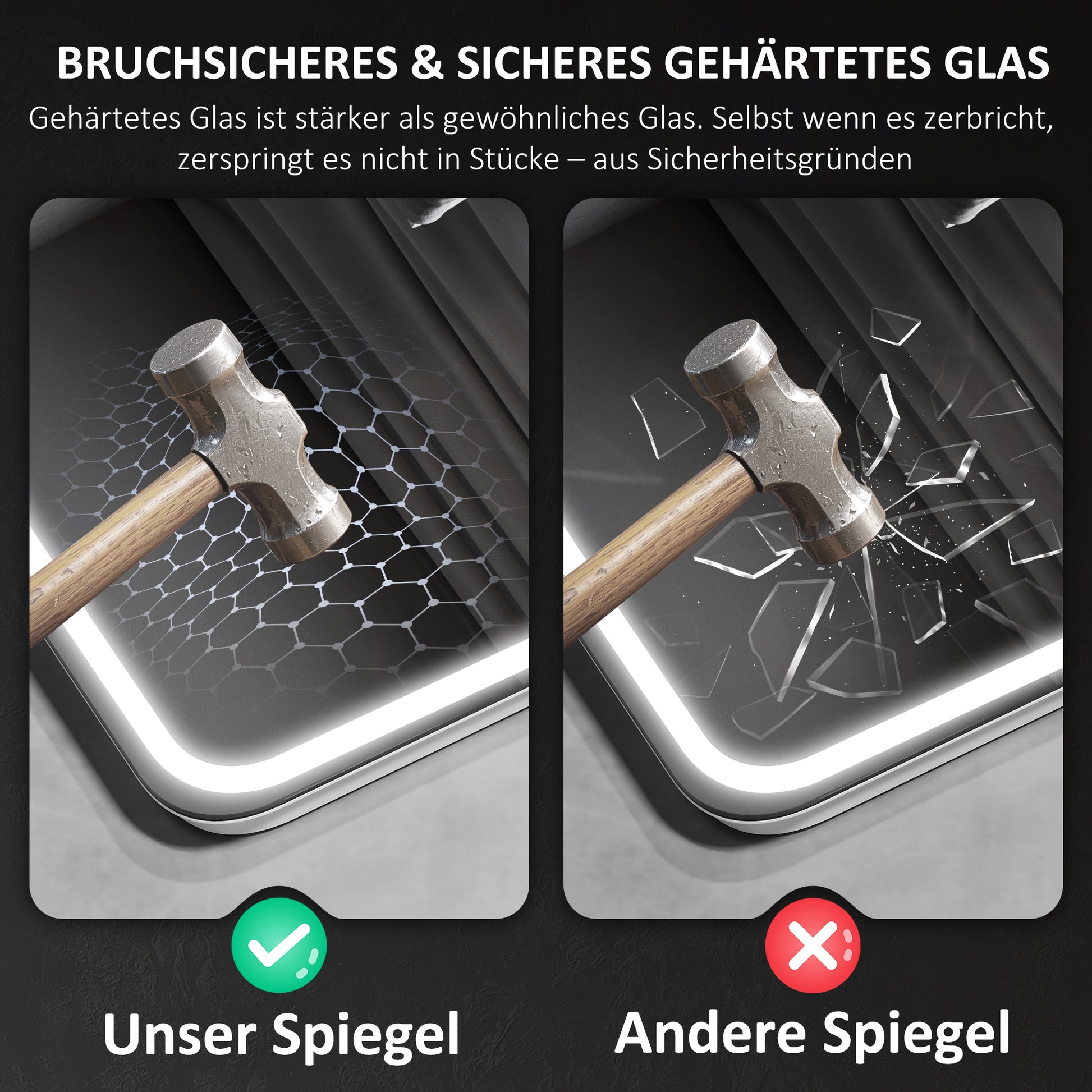 Badezimmerspiegel mit LED-Beleuchtung, Anti-Beschlags-Pad, 3 verstellbare Farben, Uhr