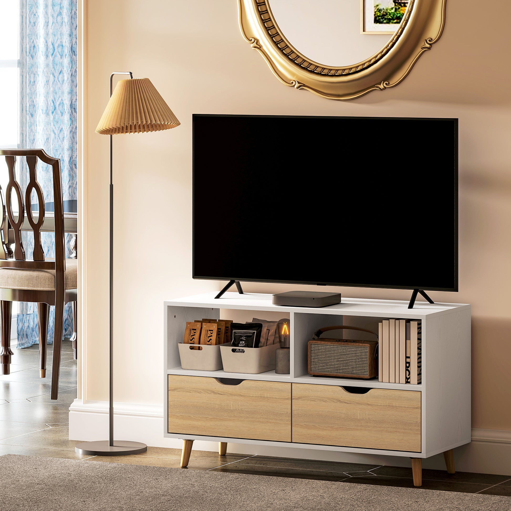 TV-Schrank, TV-Kommode mit Schubladen, Offene Regale, Holz, 99 x 39 x 58 cm