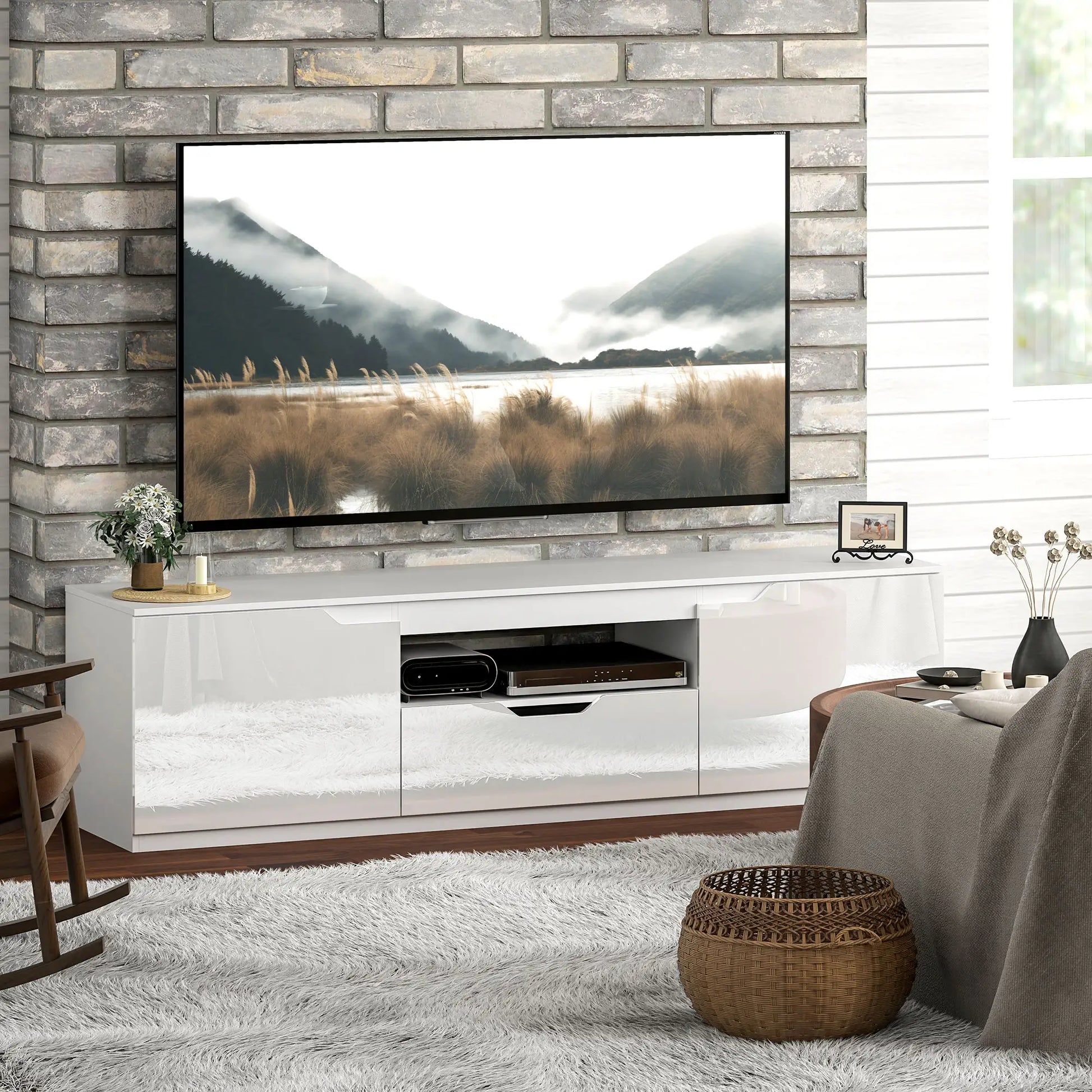 TV-Lowboard, Hochglanz, für Fernseher bis 65'', 3 Fächer, Schublade, 160 x 38 x 43 cm