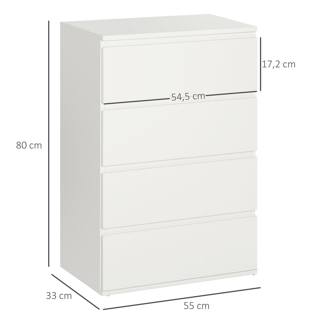 Kommode Sideboard Schubladenkommode, 4 Schubladen, 55 cm x 33 cm x 80 cm, Weiß