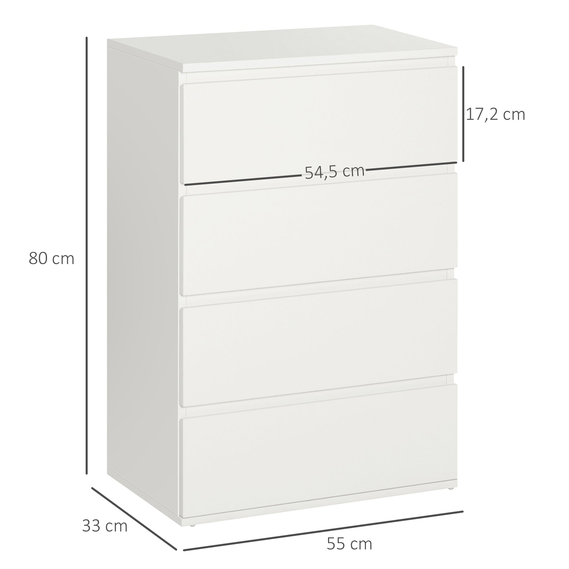 Kommode Sideboard Schubladenkommode, 4 Schubladen, 55 cm x 33 cm x 80 cm, Weiß
