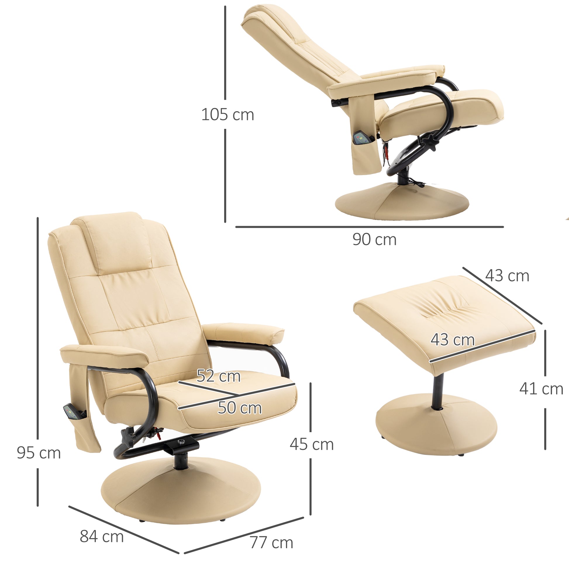 Massagesessel mit Hocker, Drehbares mit Massagefunktion, Liegefunktion, Fernbedienung, Kunstleder