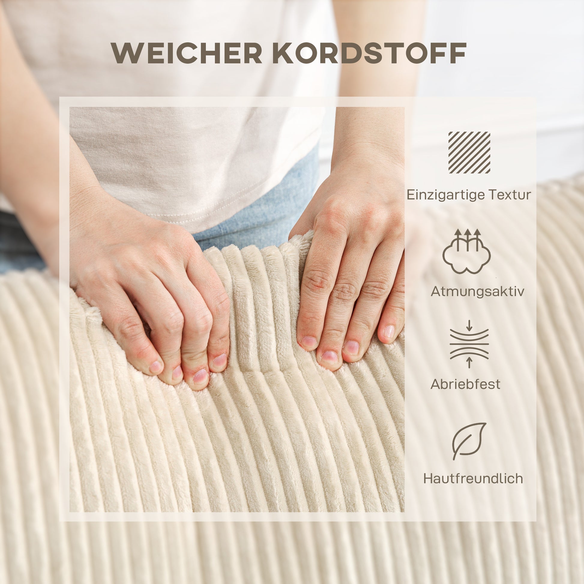 3-Sitzer-Sofa mit Zierkissen, Cordsofa für Wohnzimmer, 212 cm breit, Cremeweiß