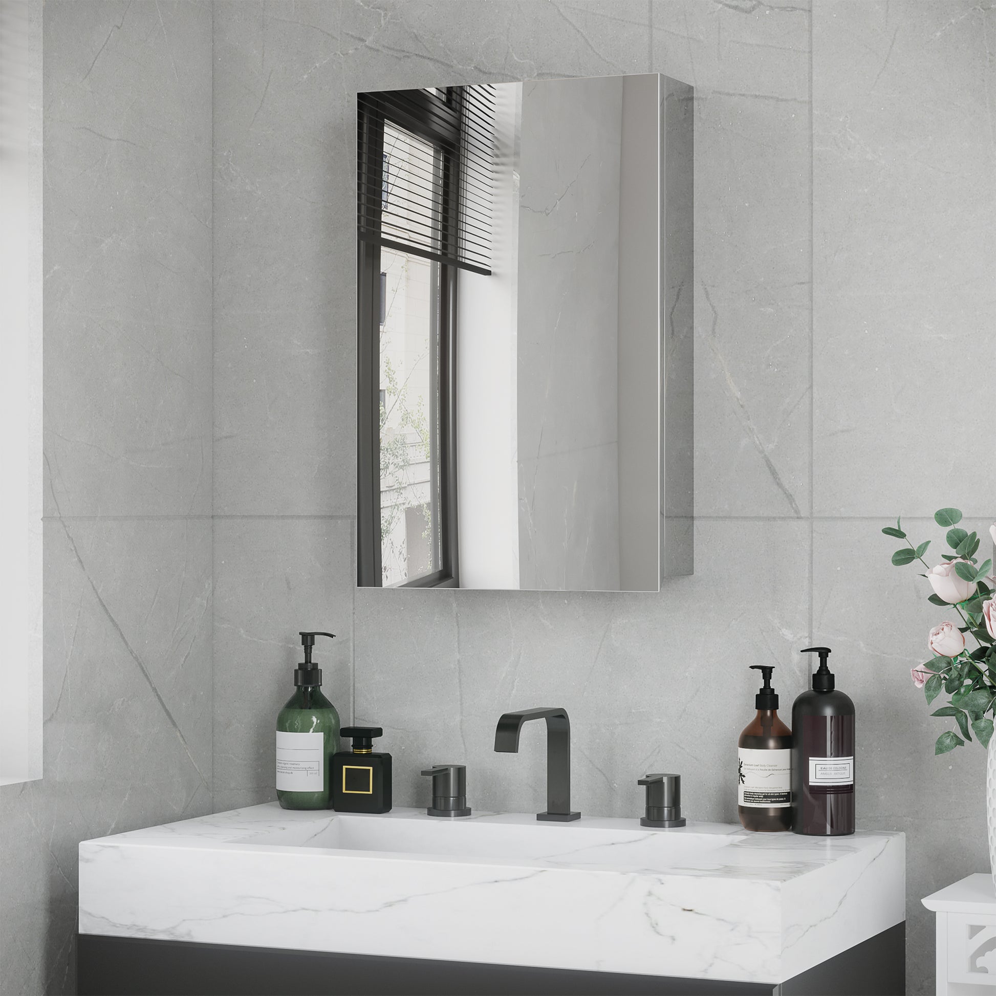 Spiegelschrank, Badschrank, 3 Regalfächer, rostfreier Metallrahmen, 39x12x60cm, Silber