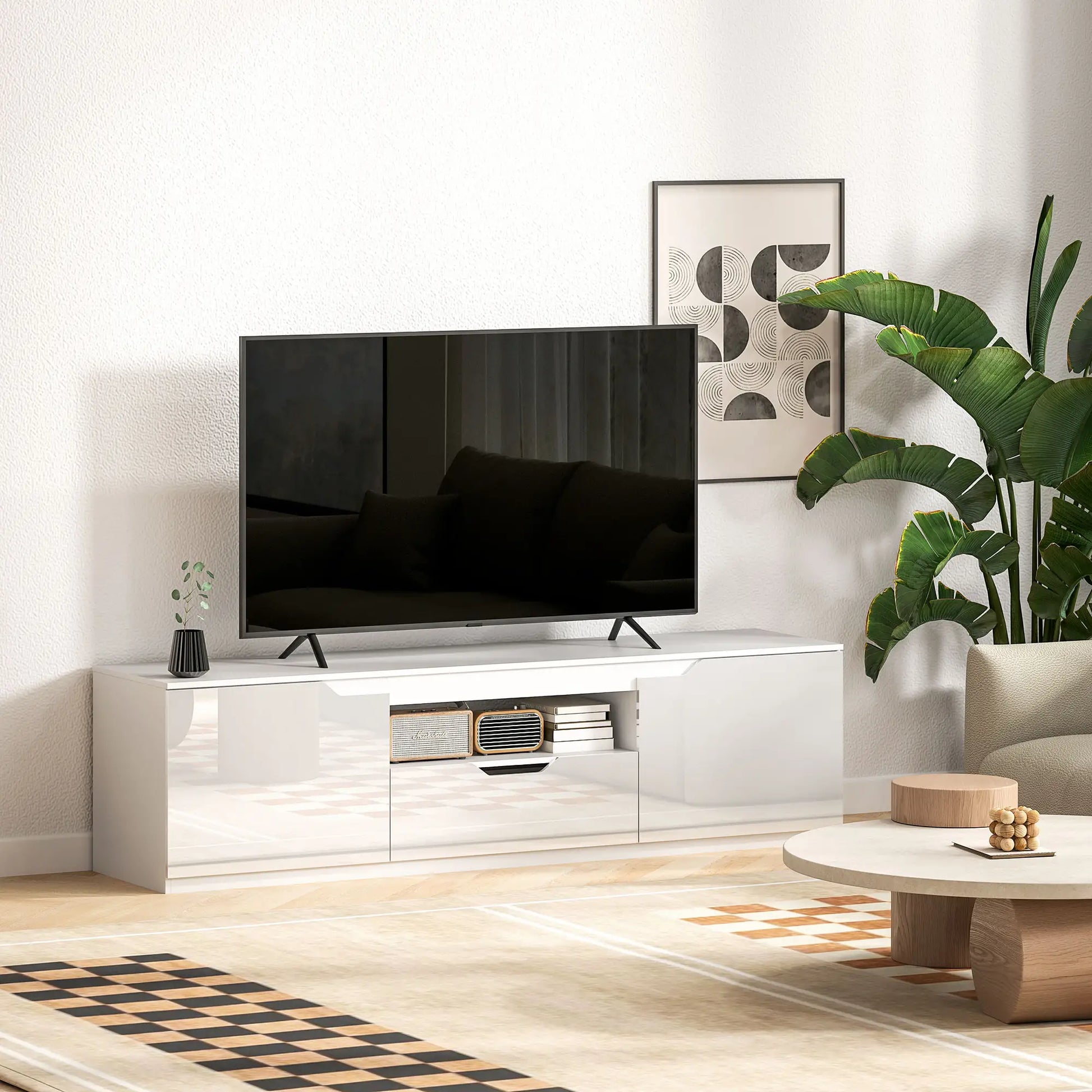 TV-Lowboard, Hochglanz, für Fernseher bis 65'', 3 Fächer, Schublade, 160 x 38 x 43 cm