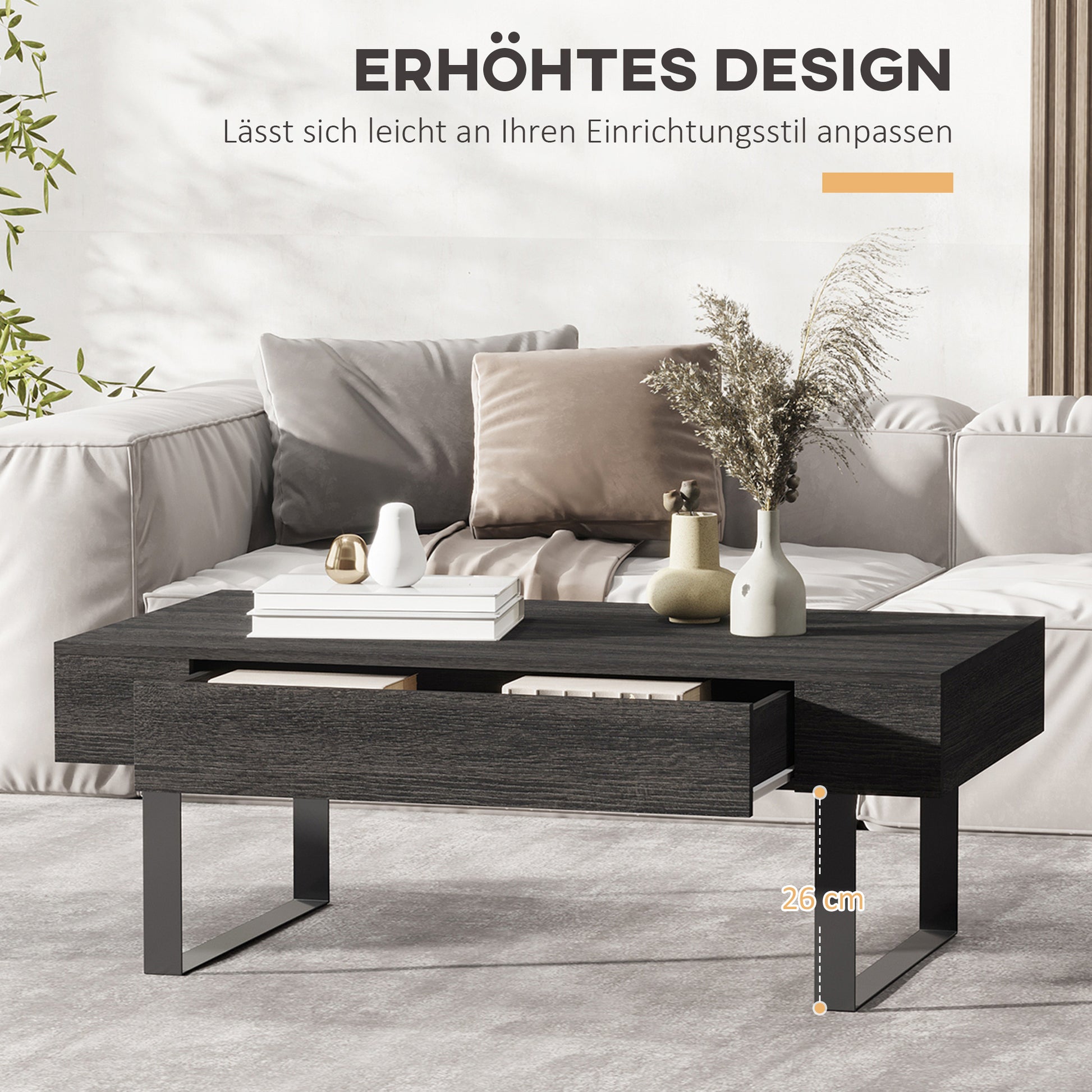 Couchtisch Wohnzimmertisch mit Schublade, Modern Sofatisch mit Metallrahmen, Beistelltisch, Kaffeetisch