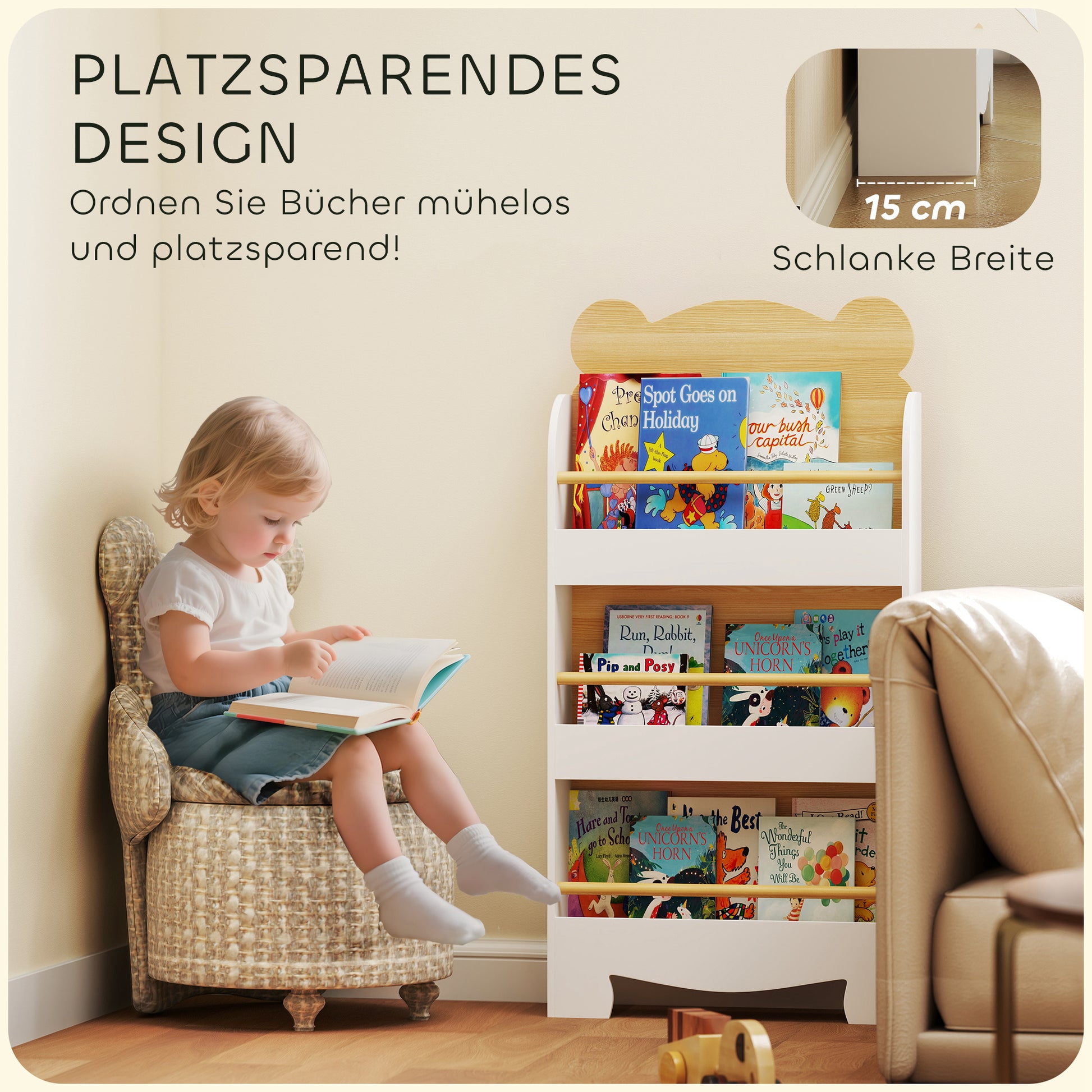Bücherregal für Kinder Kinderregal mit 3 Ablagen Aufbewahrungsregal aus Holz 55x15x110cm