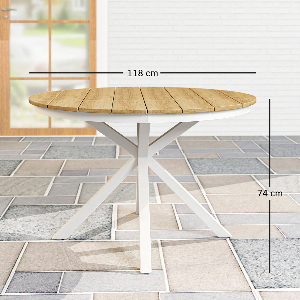 Gartentisch Ø118cm aus Aluminium, Wetterfest, Beistelltisch mit Kreuzbeine Lattendesign Teak