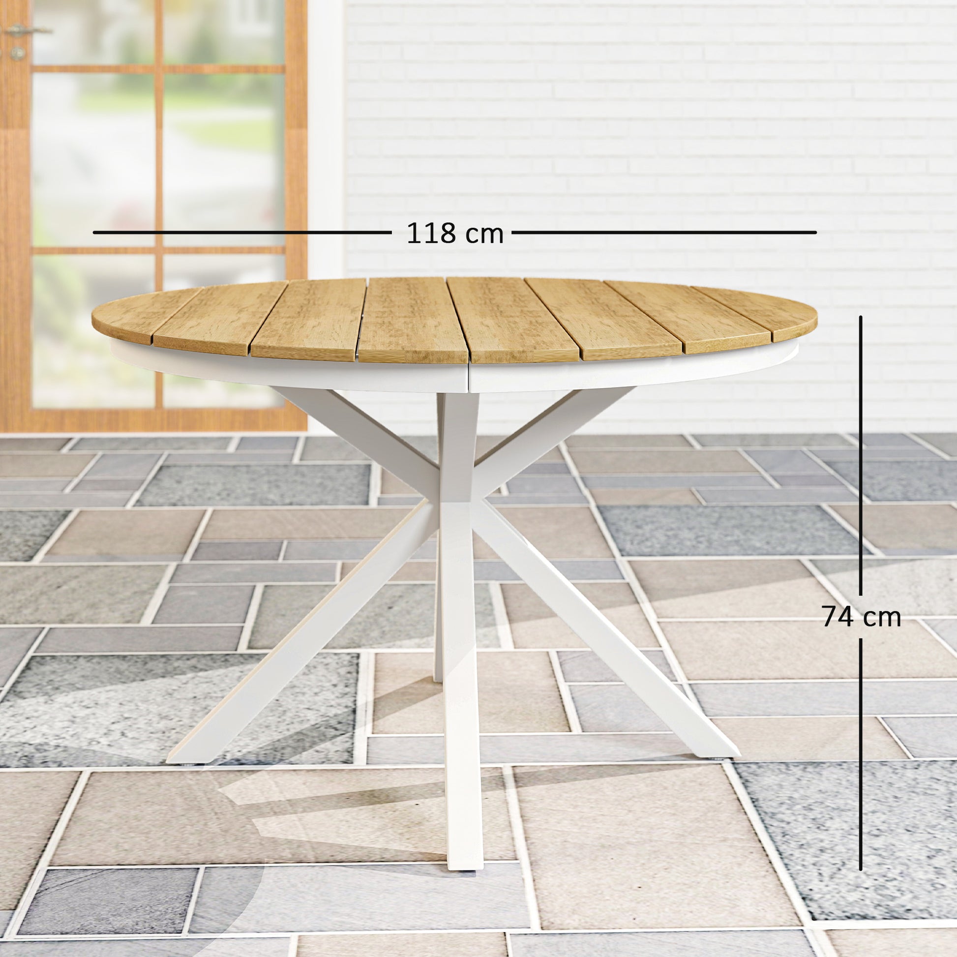 Gartentisch Ø118cm aus Aluminium, Wetterfest, Beistelltisch mit Kreuzbeine Lattendesign Teak