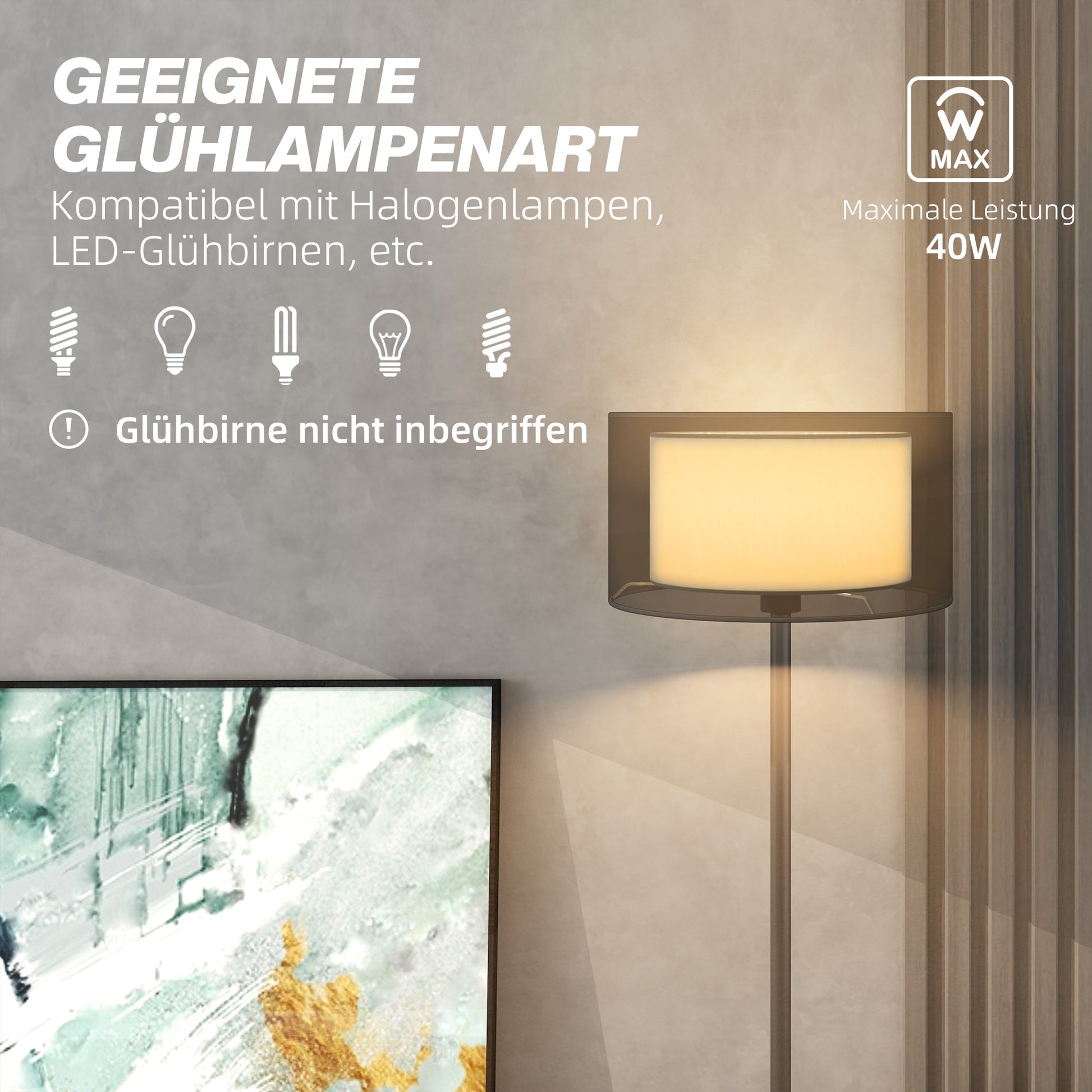 Stehlampe, zweifarbiger Lampenschirm, Fußschalter, Metall, Schwarz