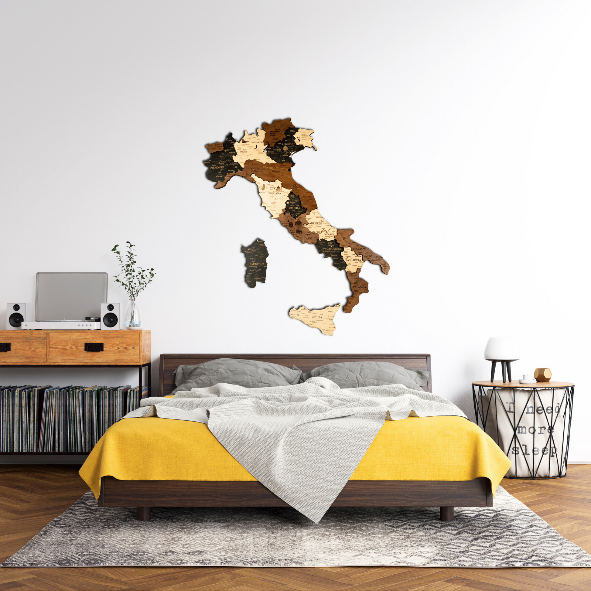 3D Holzkarte Italien – Handgefertigte Wanddeko mit Toskana & Sizilien