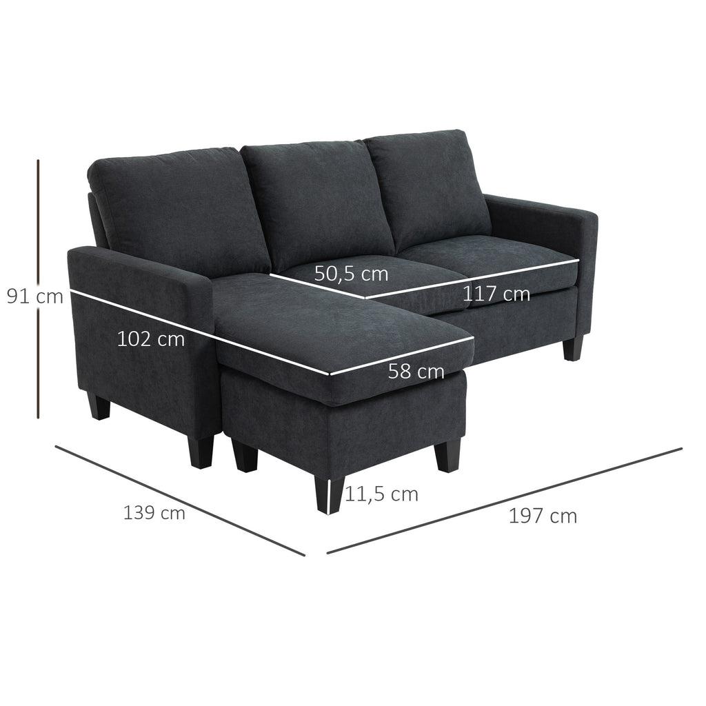 Ecksofa, Couchgarnitur, mit wendbarer Chaiselongue, 197 x 139 x 91cm, Dunkelgrau
