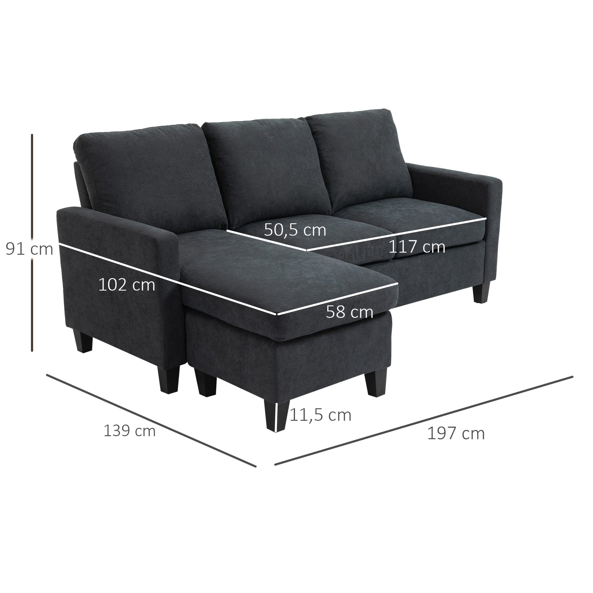 Ecksofa, Couchgarnitur, mit wendbarer Chaiselongue, 197 x 139 x 91cm, Dunkelgrau