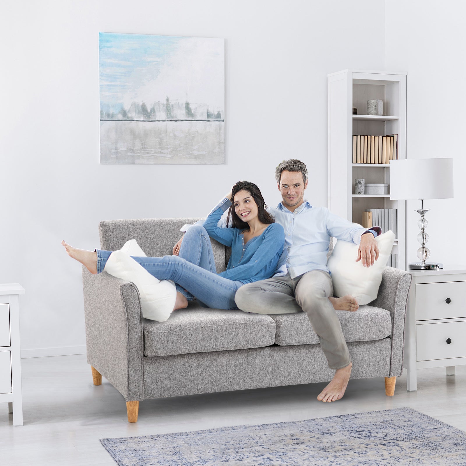 2 Sitzer Sofa, Abnehmbare Kissen, Leinen, Schaumstoff, Kautschukholz, Hellgrau, 141 x 70 x 78 cm