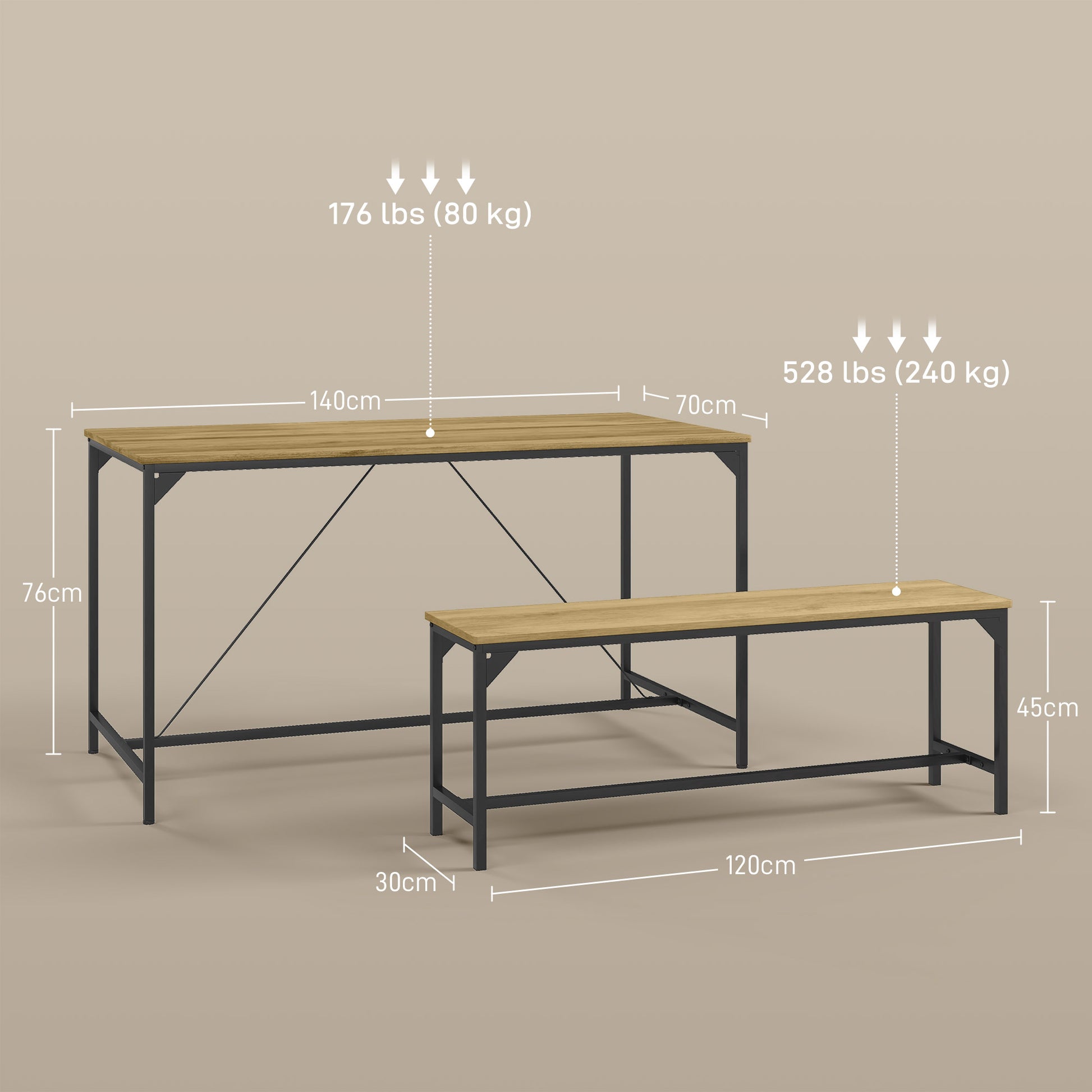 Essgarnitur, Tisch & 2 Bänke, Industrial Design, Stahlrahmen, Holzdekor/Schwarz